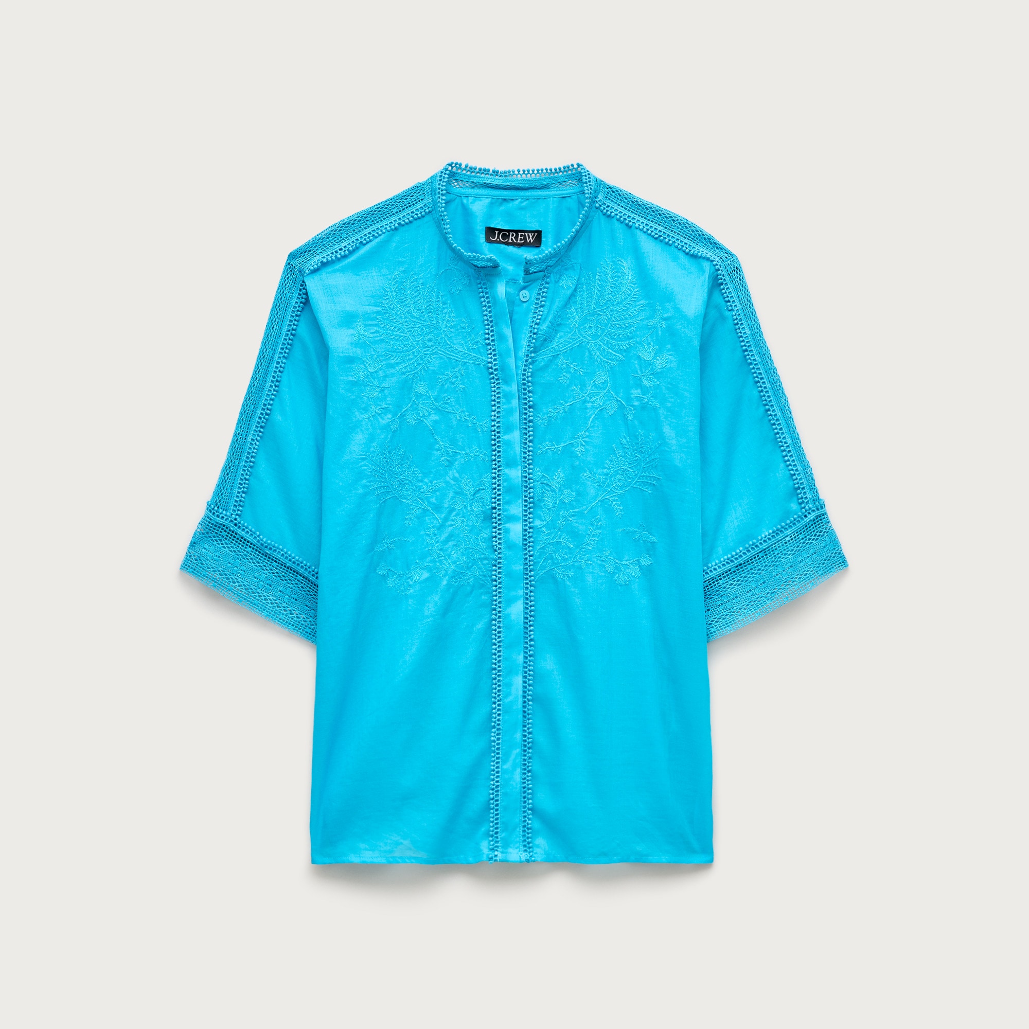 Embroidered lace-trim button-up shirt in cotton voile