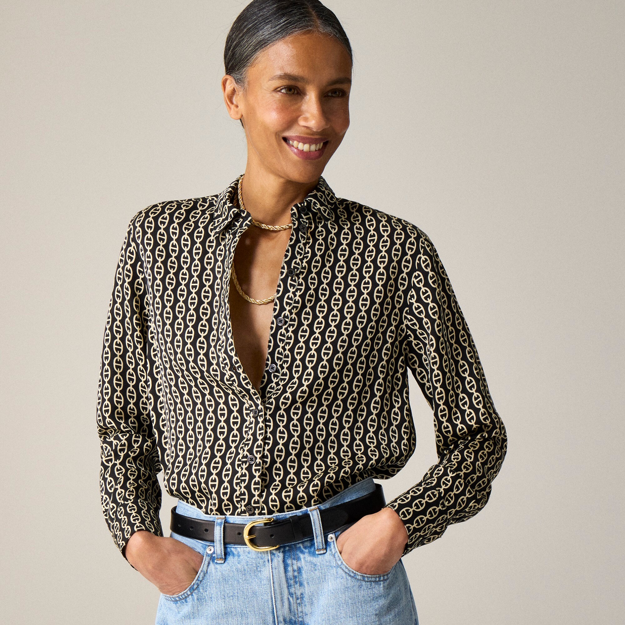Drapey button-up shirt in chain-print viscose twill