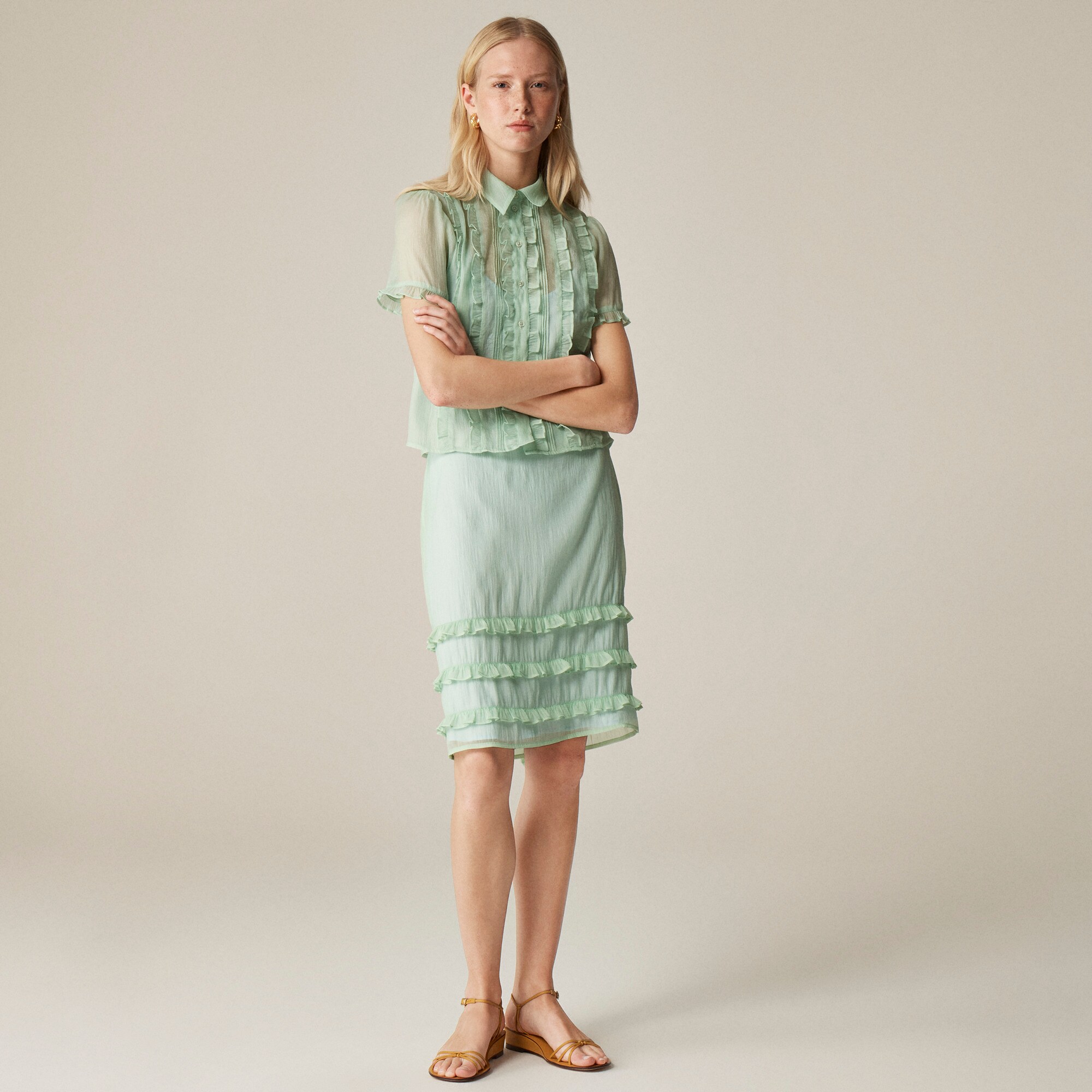  Crinkled ruffle-trim slip skirt