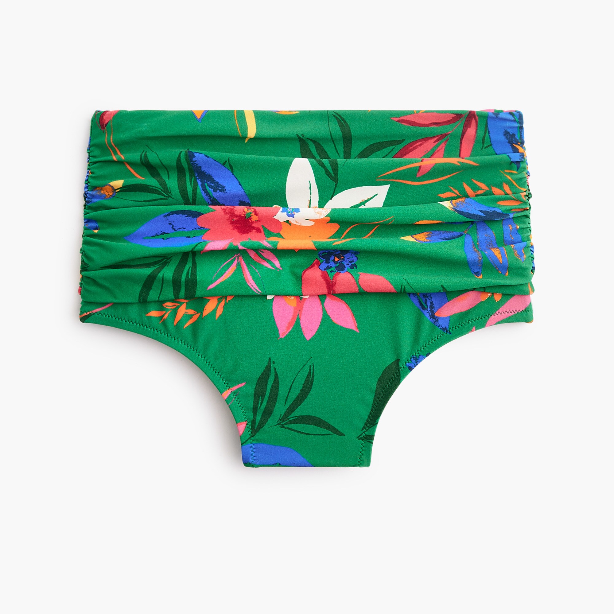 Printed ruched high-waisted bikini bottom