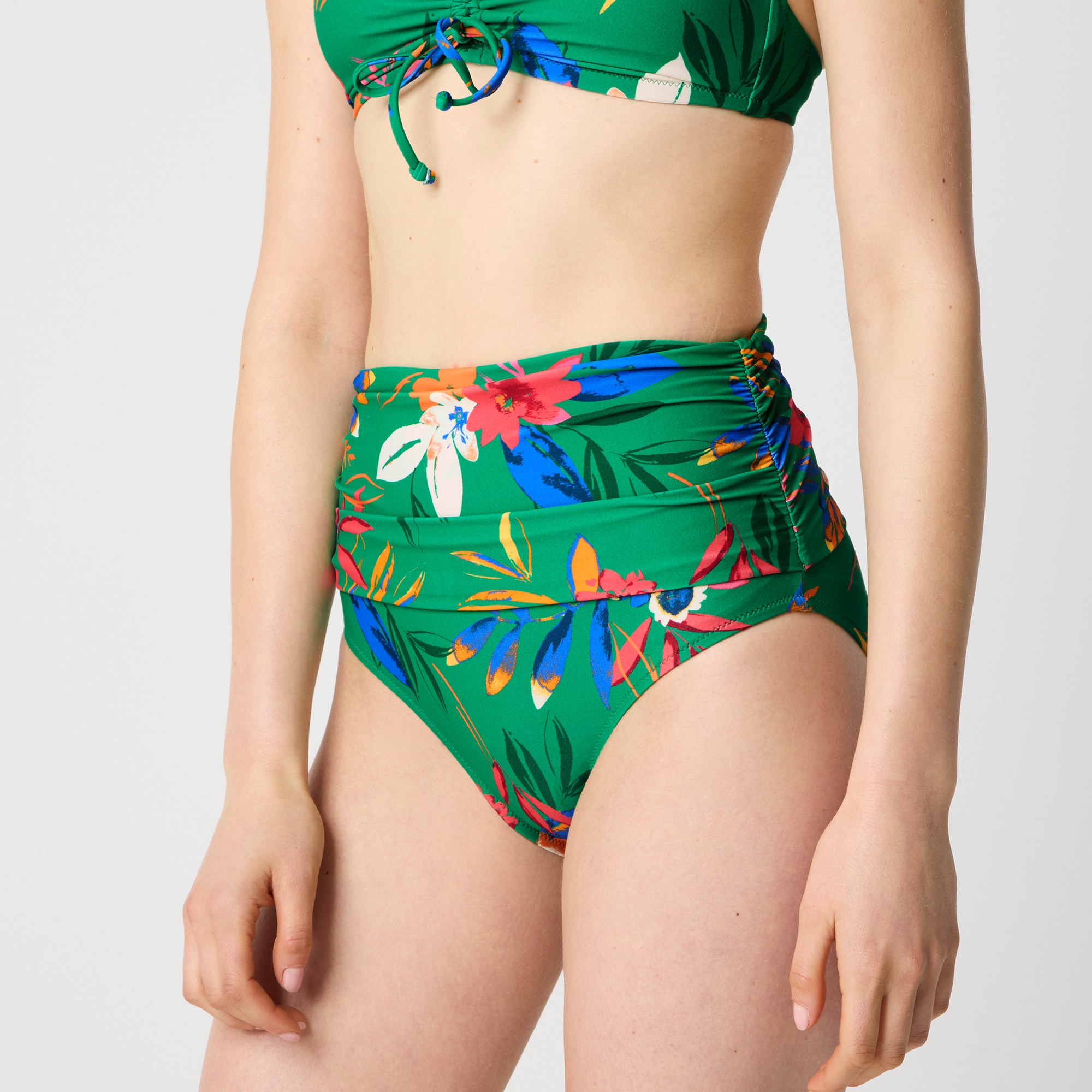 Printed ruched high-waisted bikini bottom