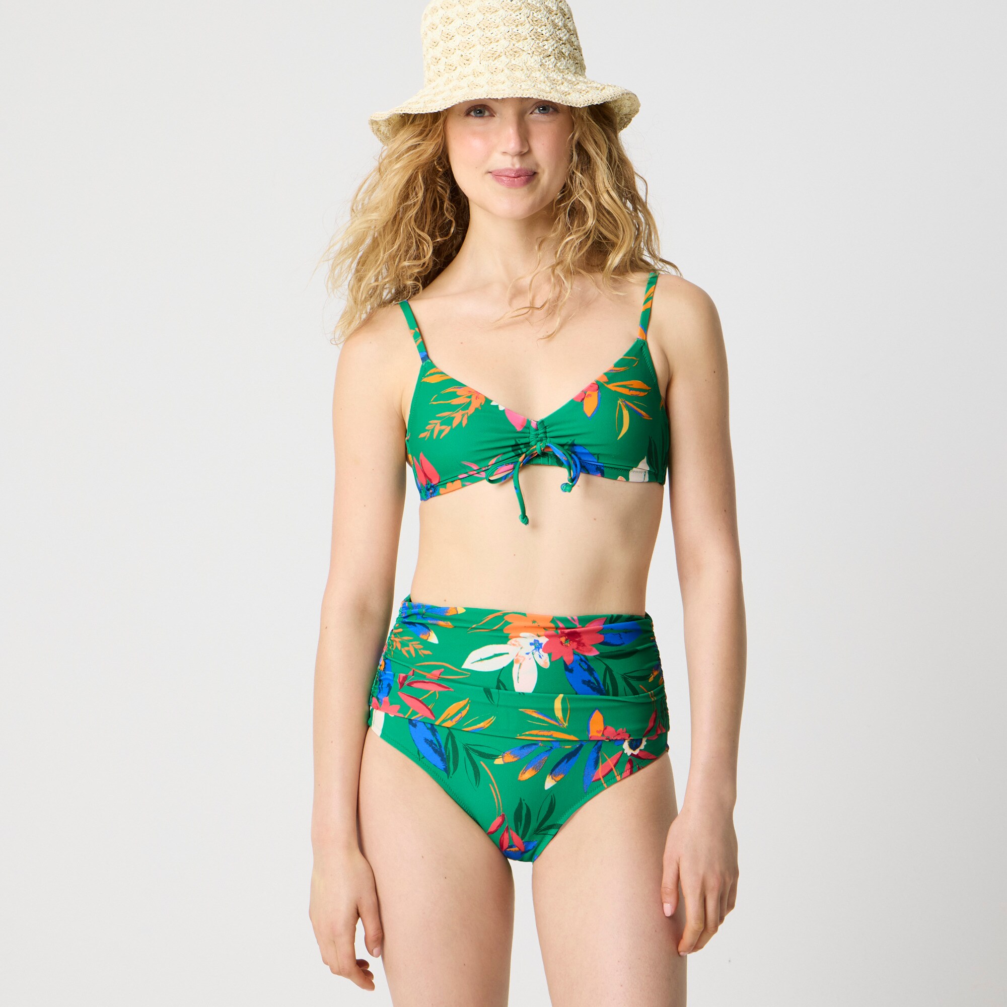 Printed ruched high-waisted bikini bottom