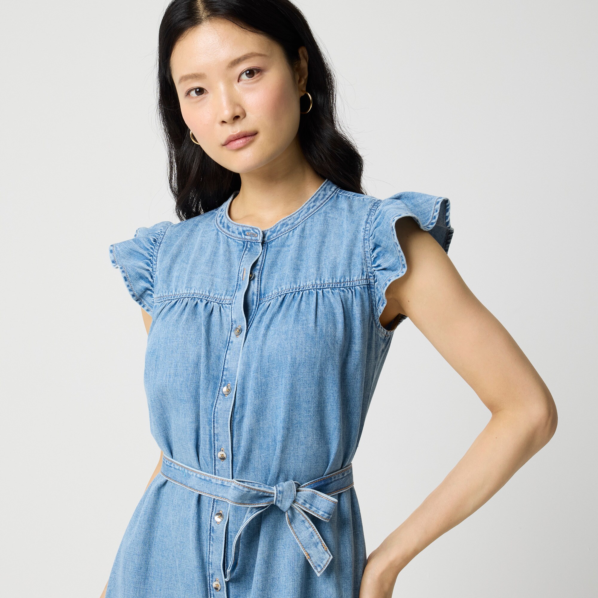 Ruffle-sleeve denim mini dress