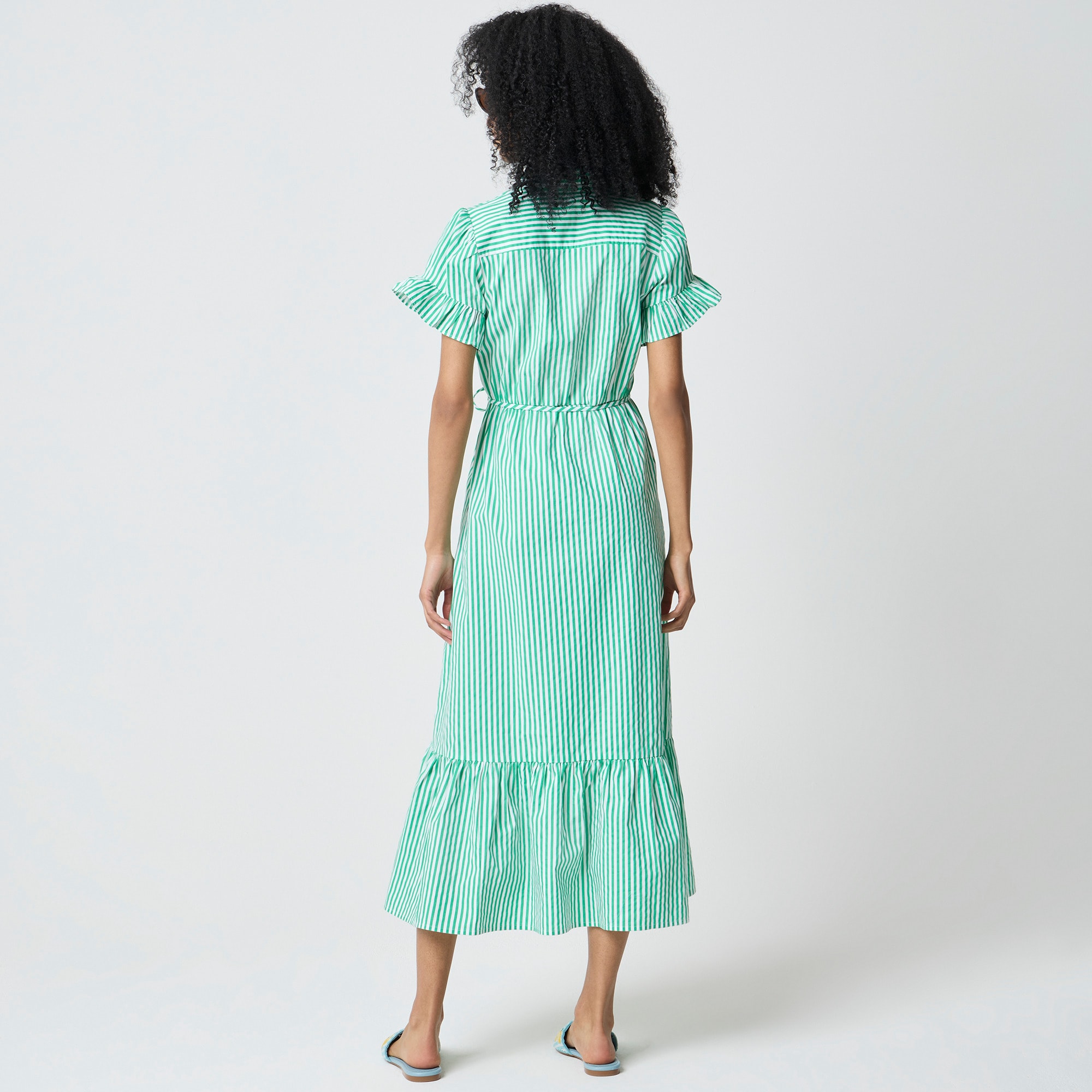 Striped ruffle-sleeve shirt-dress