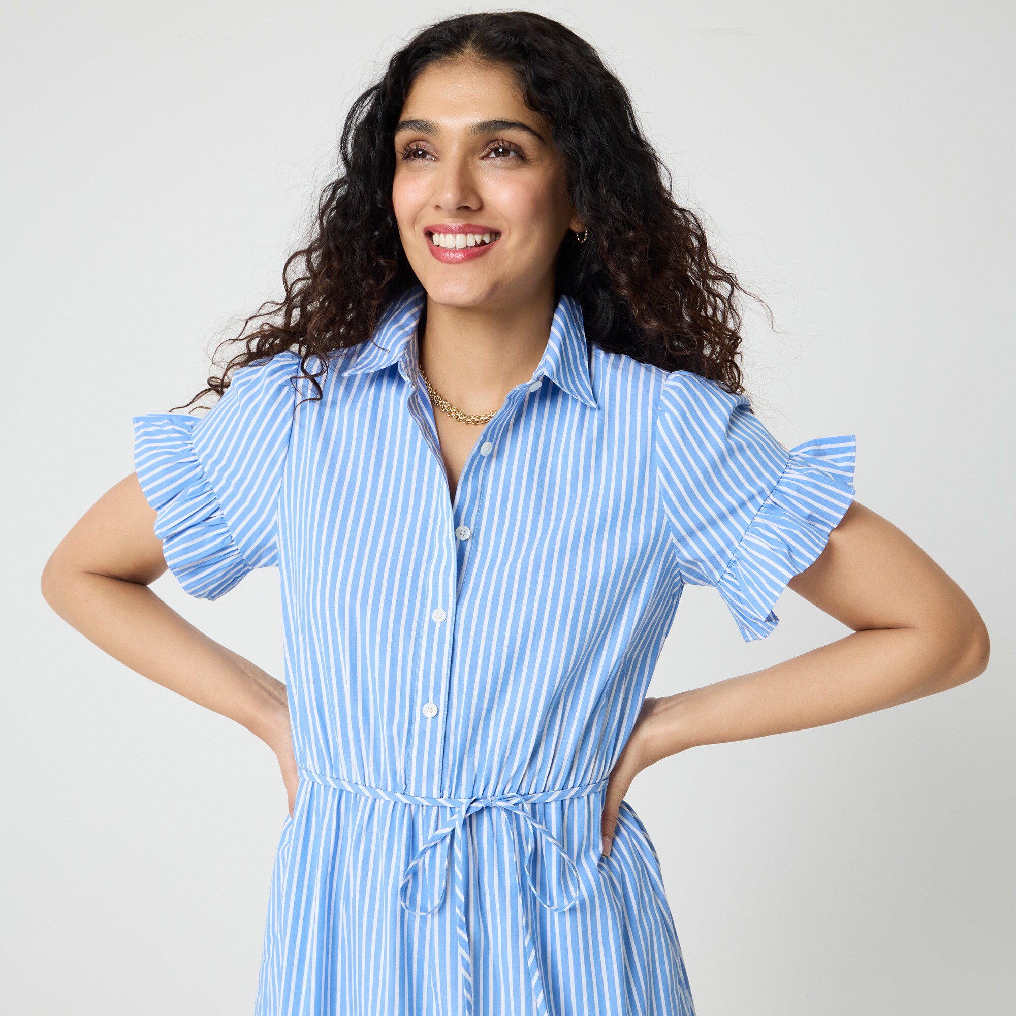 Striped ruffle-sleeve shirt-dress