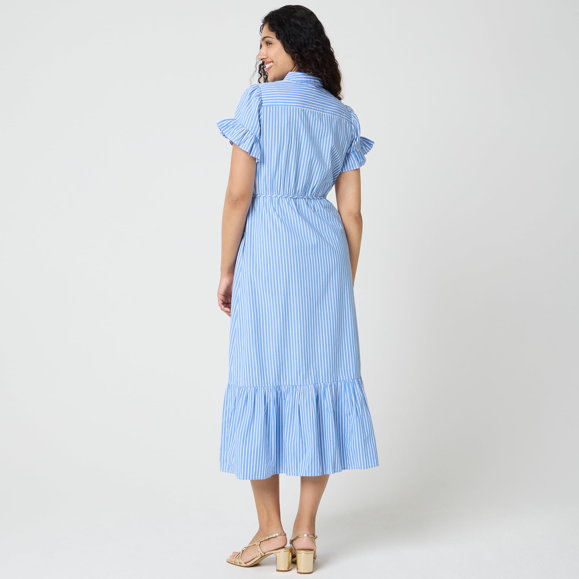 Striped ruffle-sleeve shirt-dress