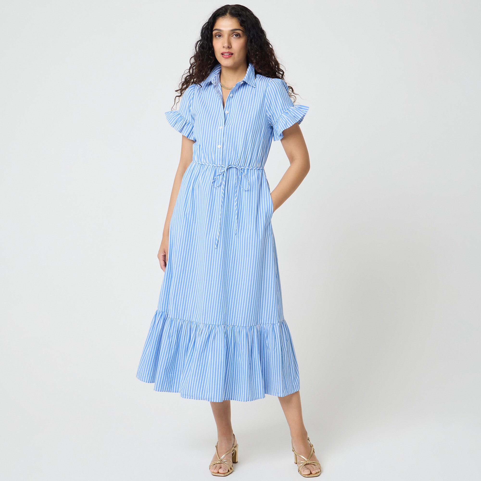 Striped ruffle-sleeve shirt-dress