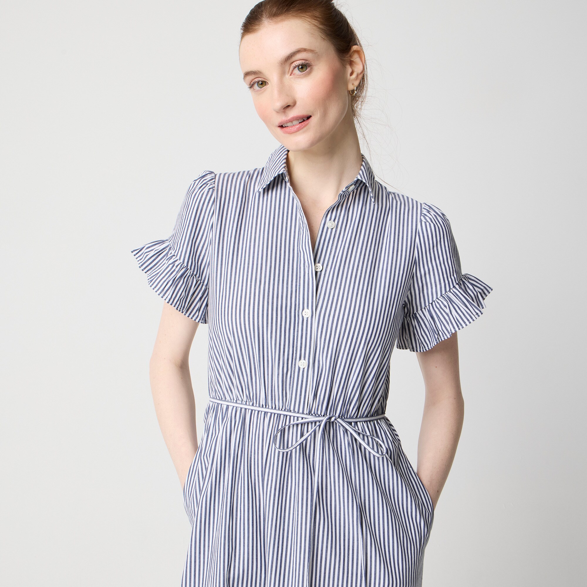 Striped ruffle-sleeve shirtdress