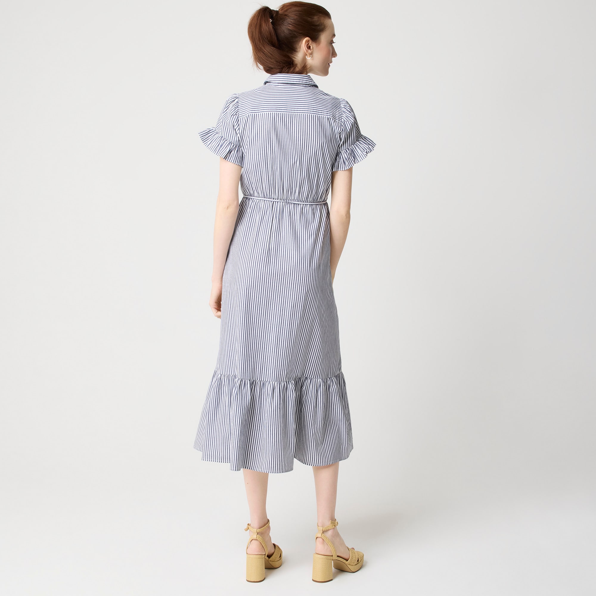 Striped ruffle-sleeve shirtdress