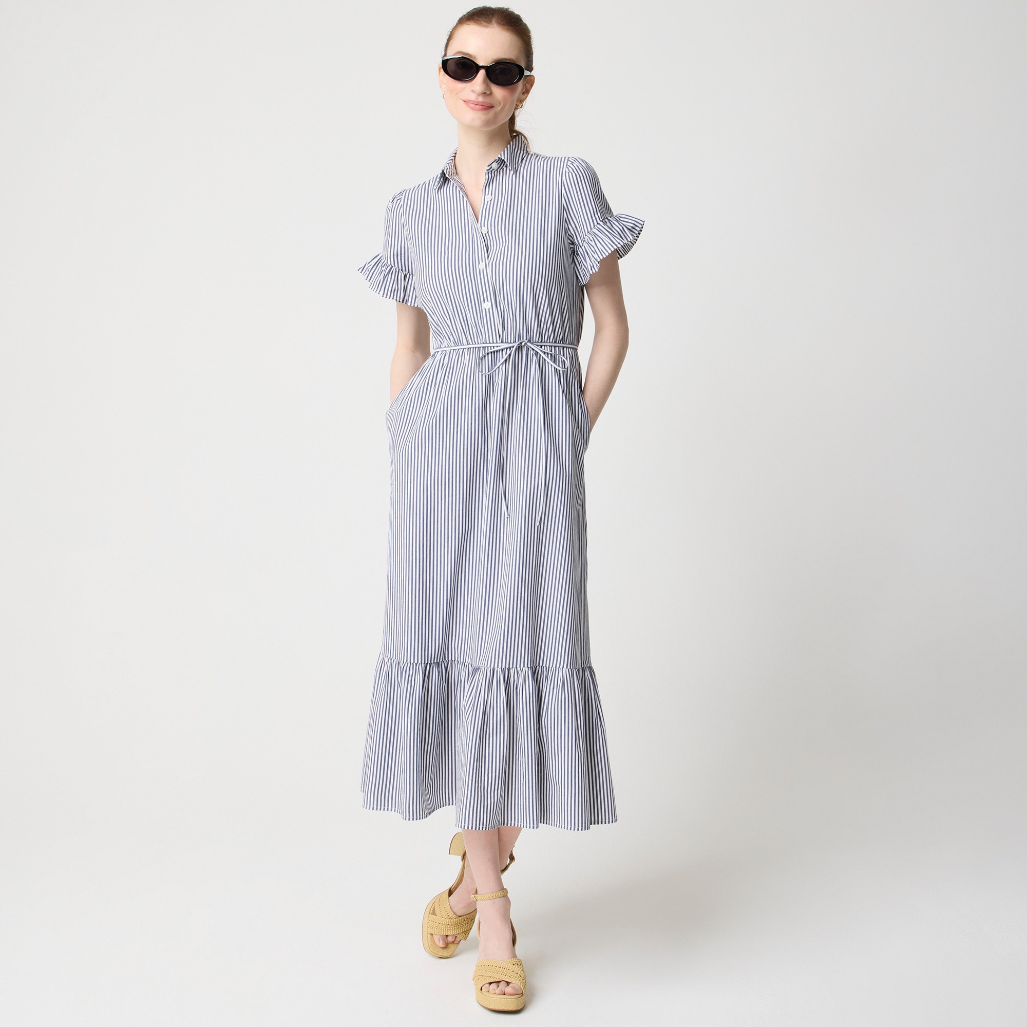 womens Striped ruffle-sleeve shirtdress