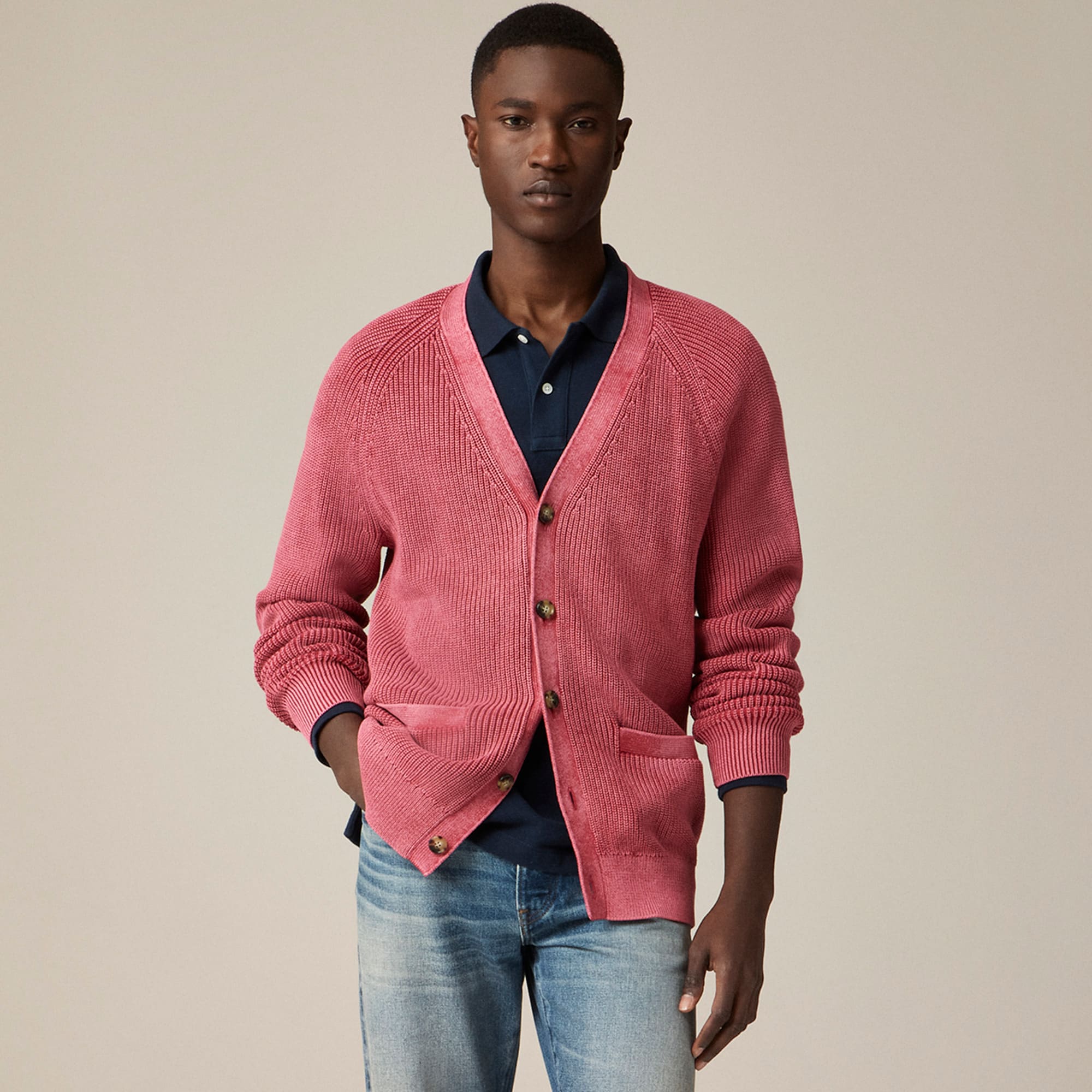 mens Washed ribbed cotton V-neck cardigan