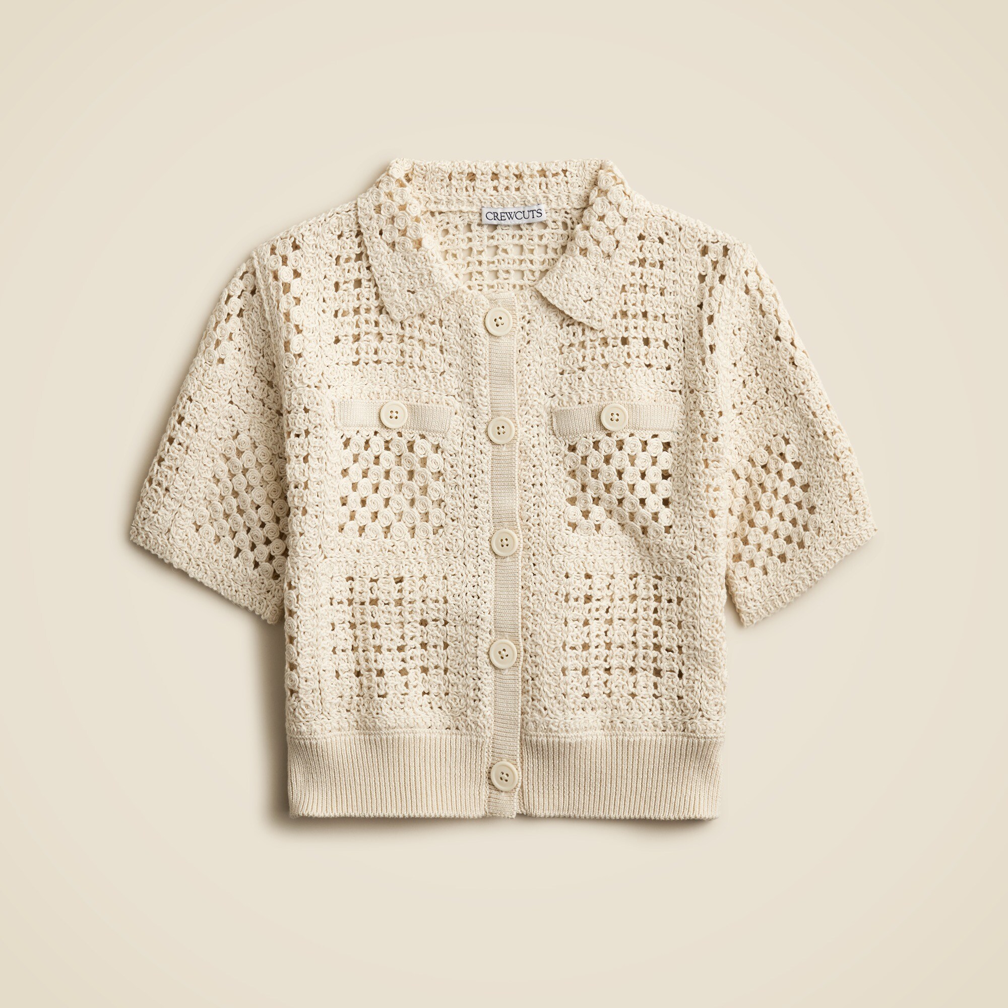 Girls' short-sleeve crochet button-up shirt
