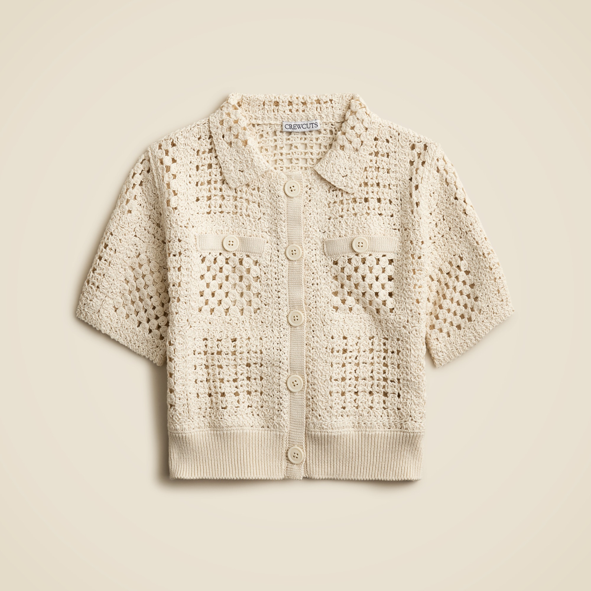 Girls' short-sleeve crochet button-up shirt