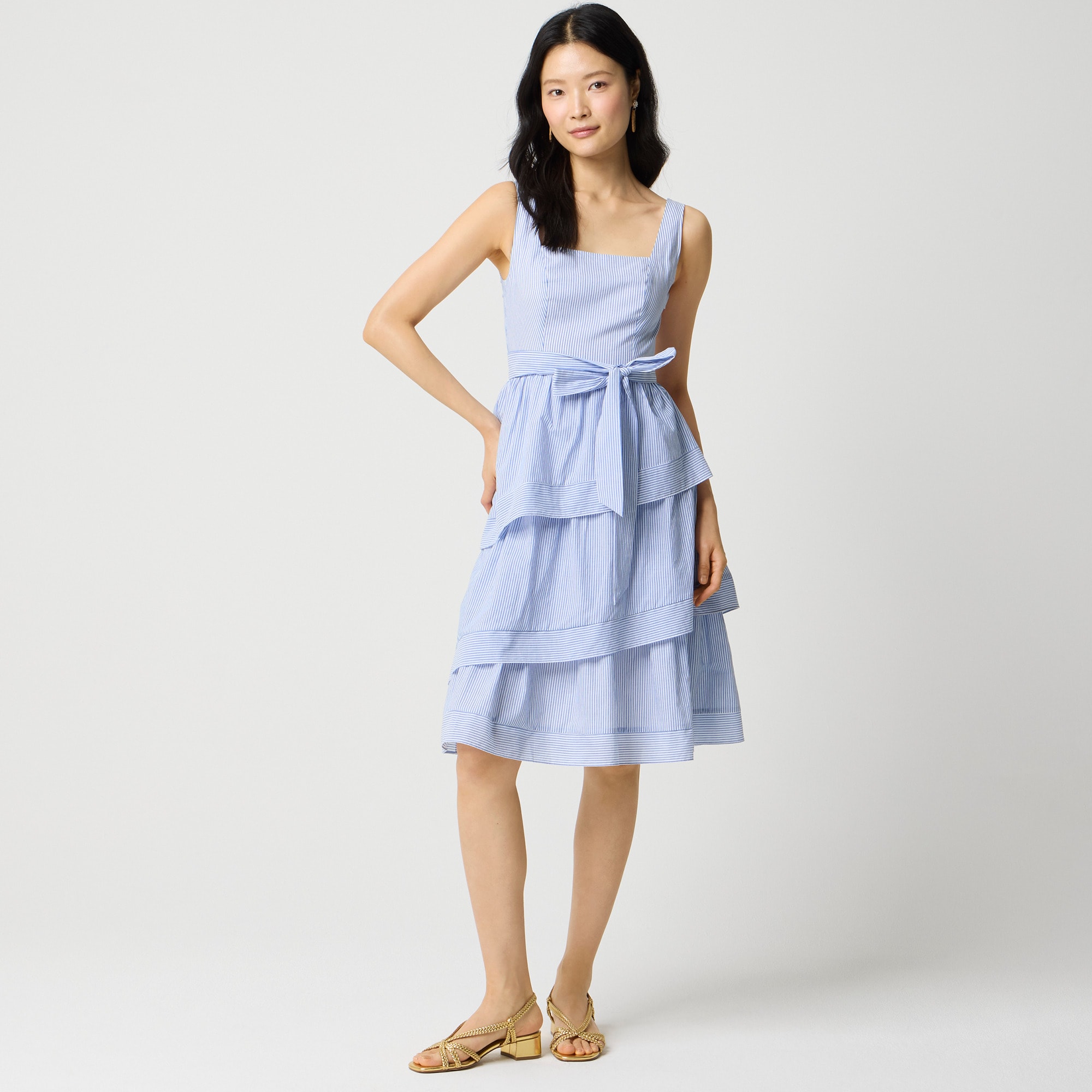  Striped sleeveless belted tiered dress