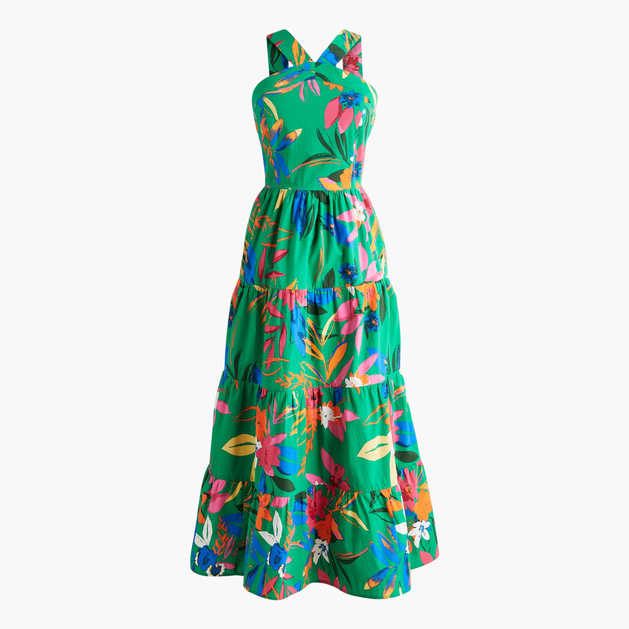 Printed tiered halter midi dress