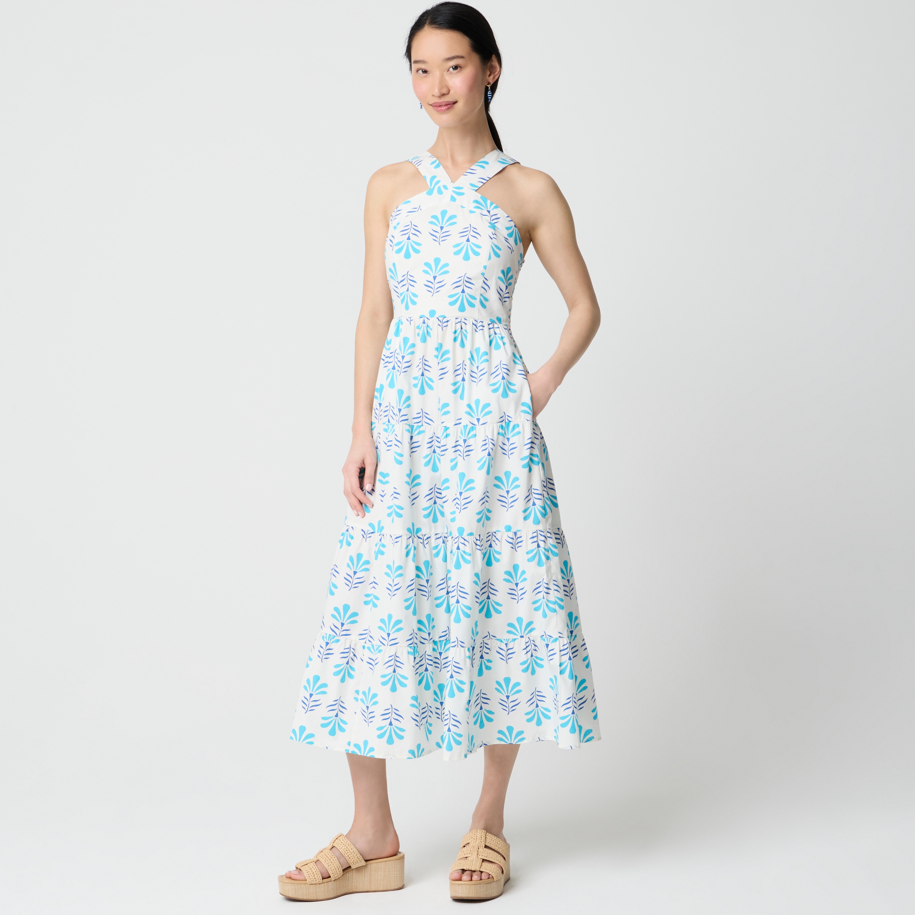 Printed tiered halter midi dress
