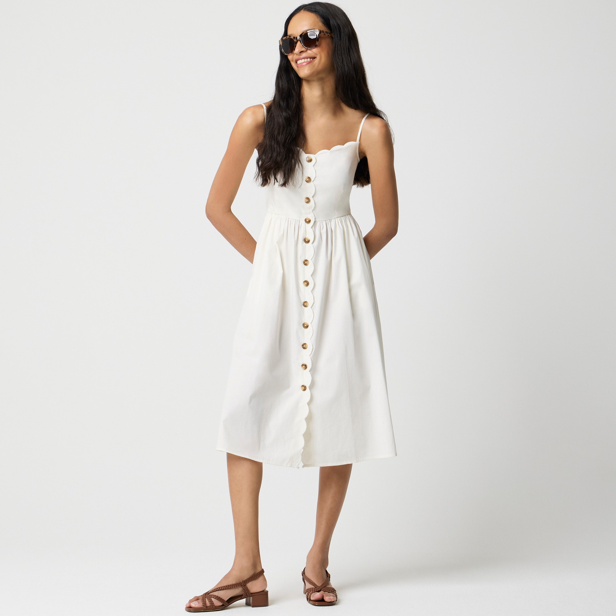 Scallop-hem button-front midi dress