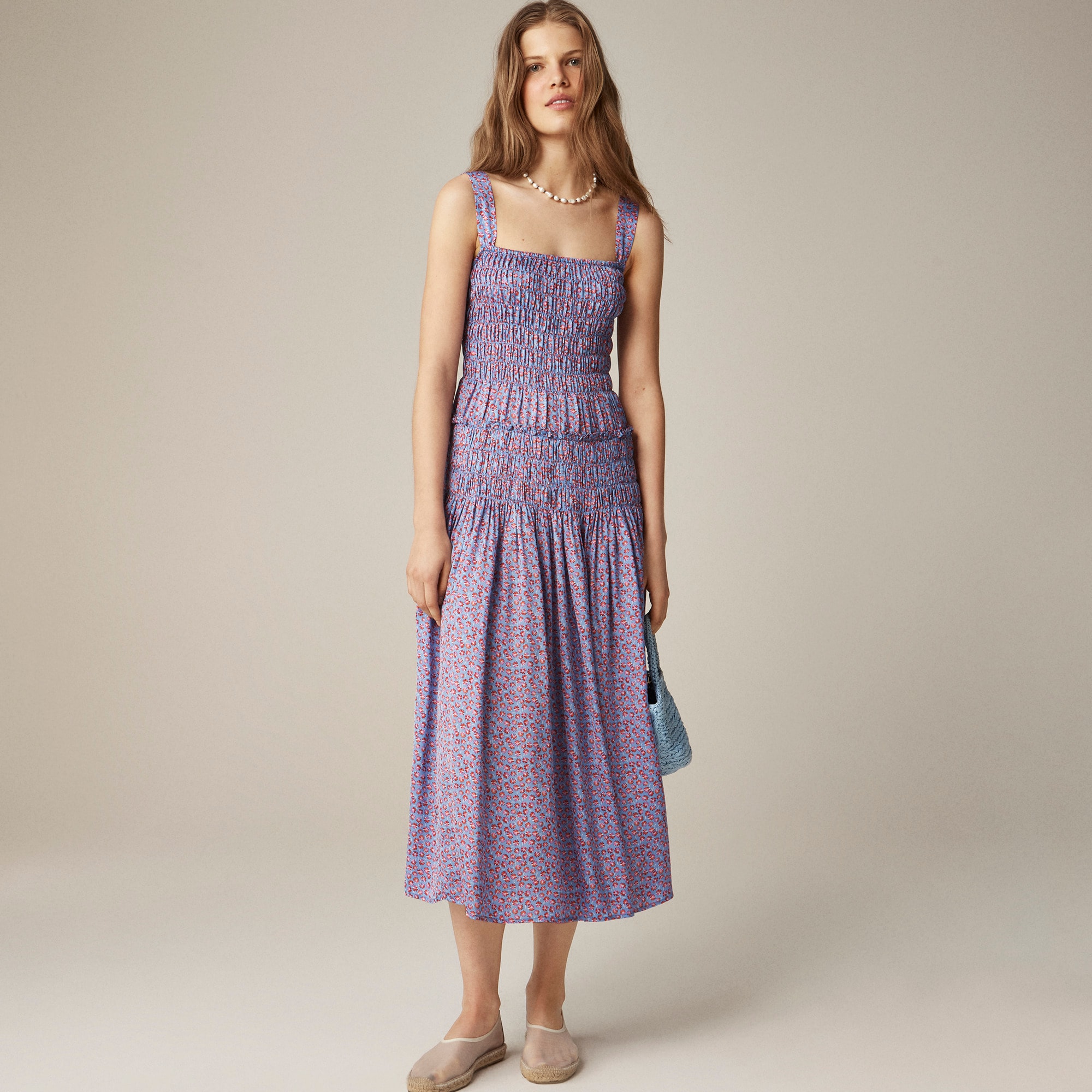 womens Smocked midi dress in blue daisy print