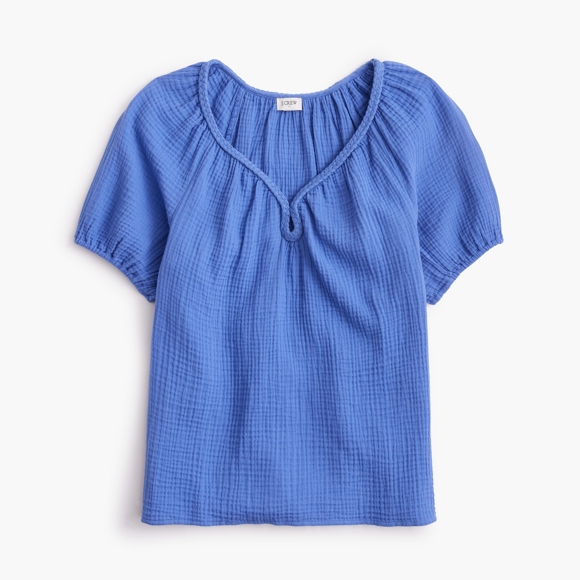 Puff-sleeve Braided-neckline Gauze Top For Women | Factory