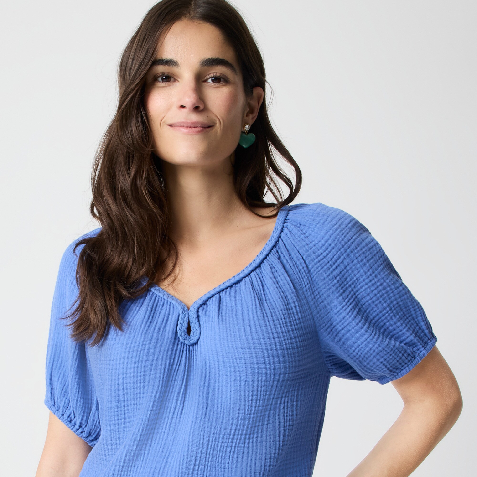 Puff-sleeve Braided-neckline Gauze Top For Women | Factory