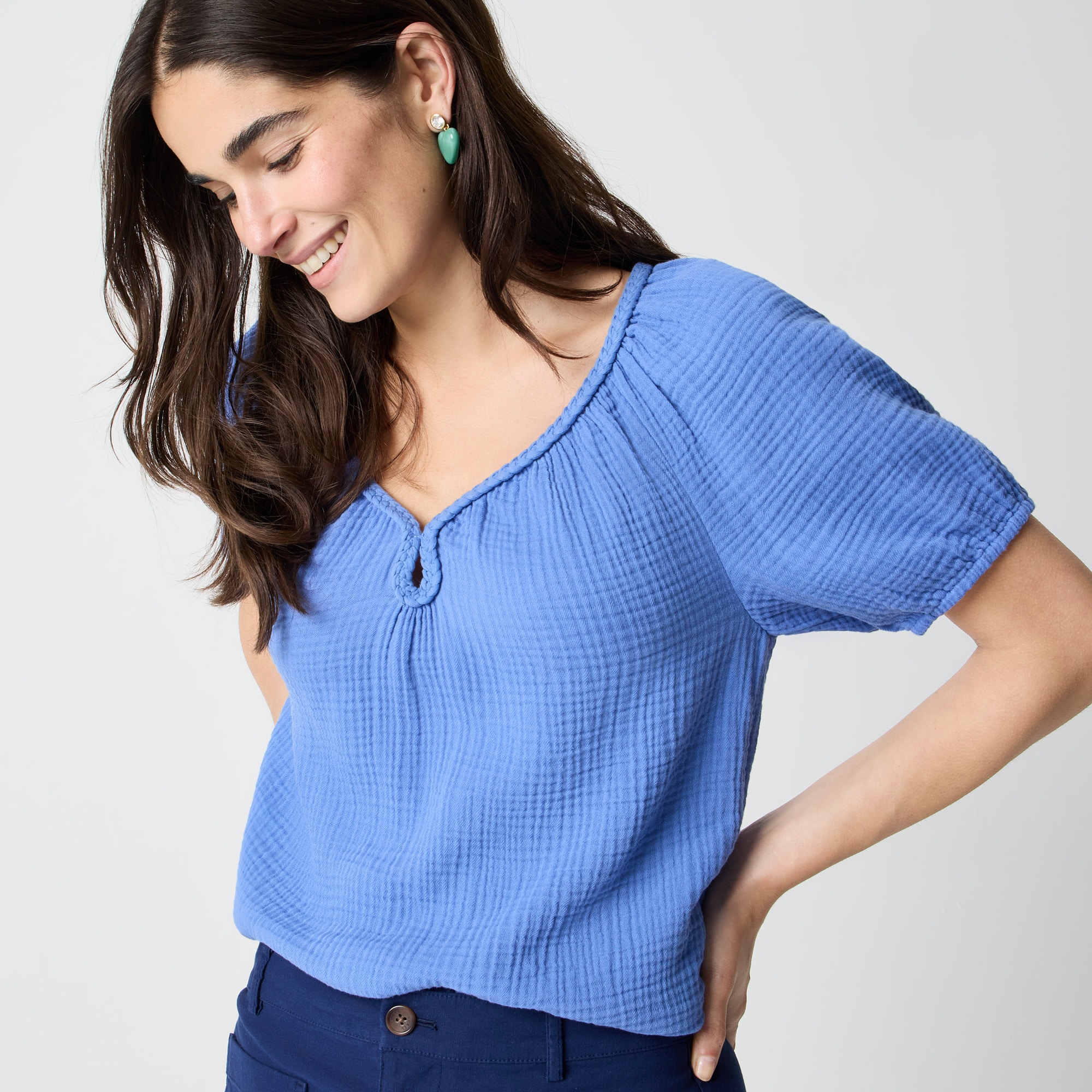 Puff-sleeve Braided-neckline Gauze Top For Women | Factory