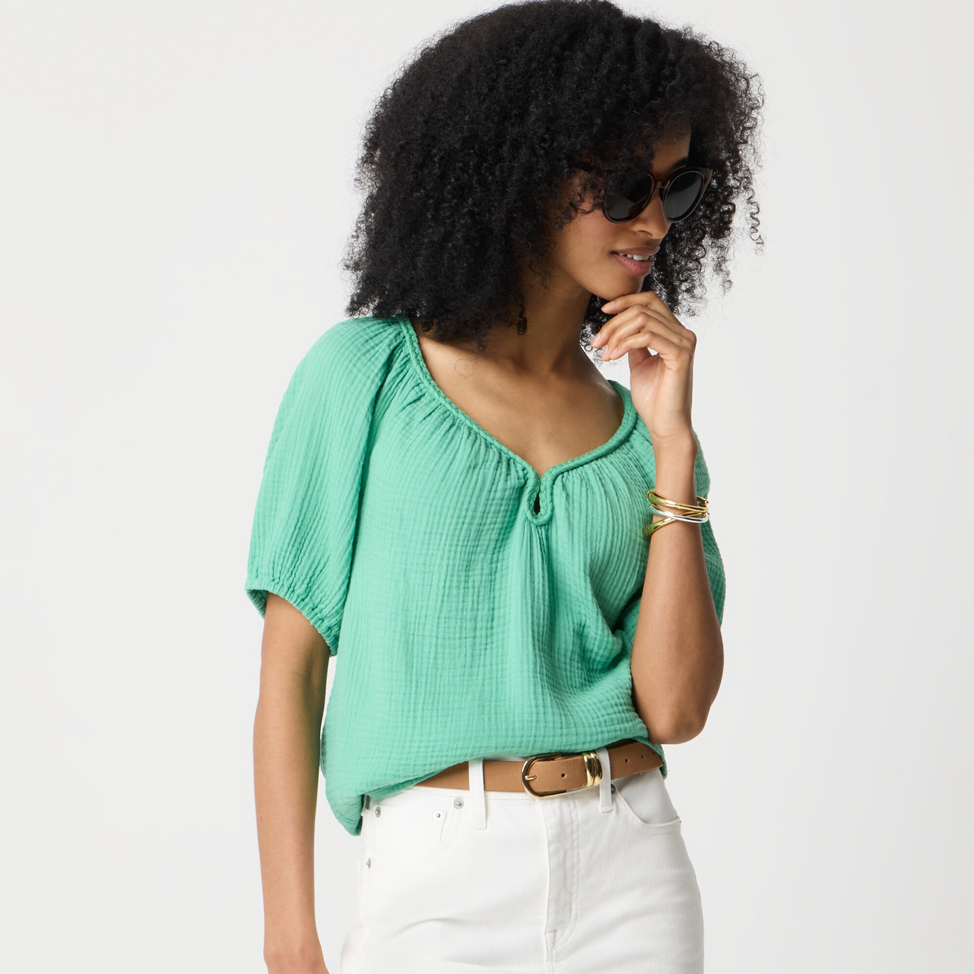 womens Puff-sleeve braided-neckline gauze top