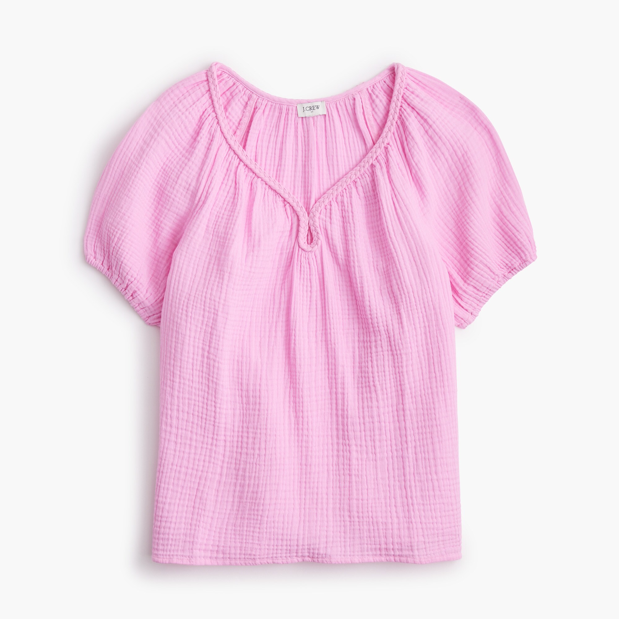 womens Puff-sleeve braided-neckline gauze top