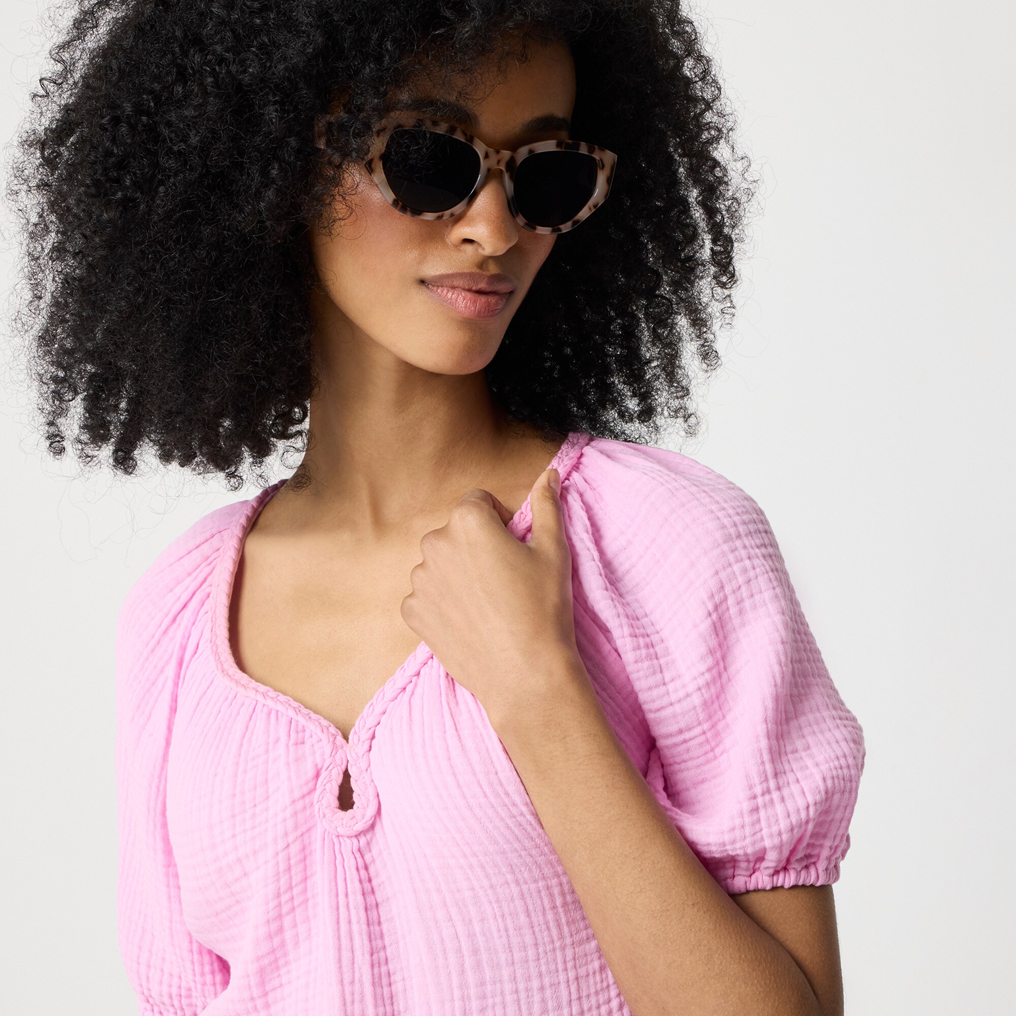 Puff-sleeve braided-neckline gauze top