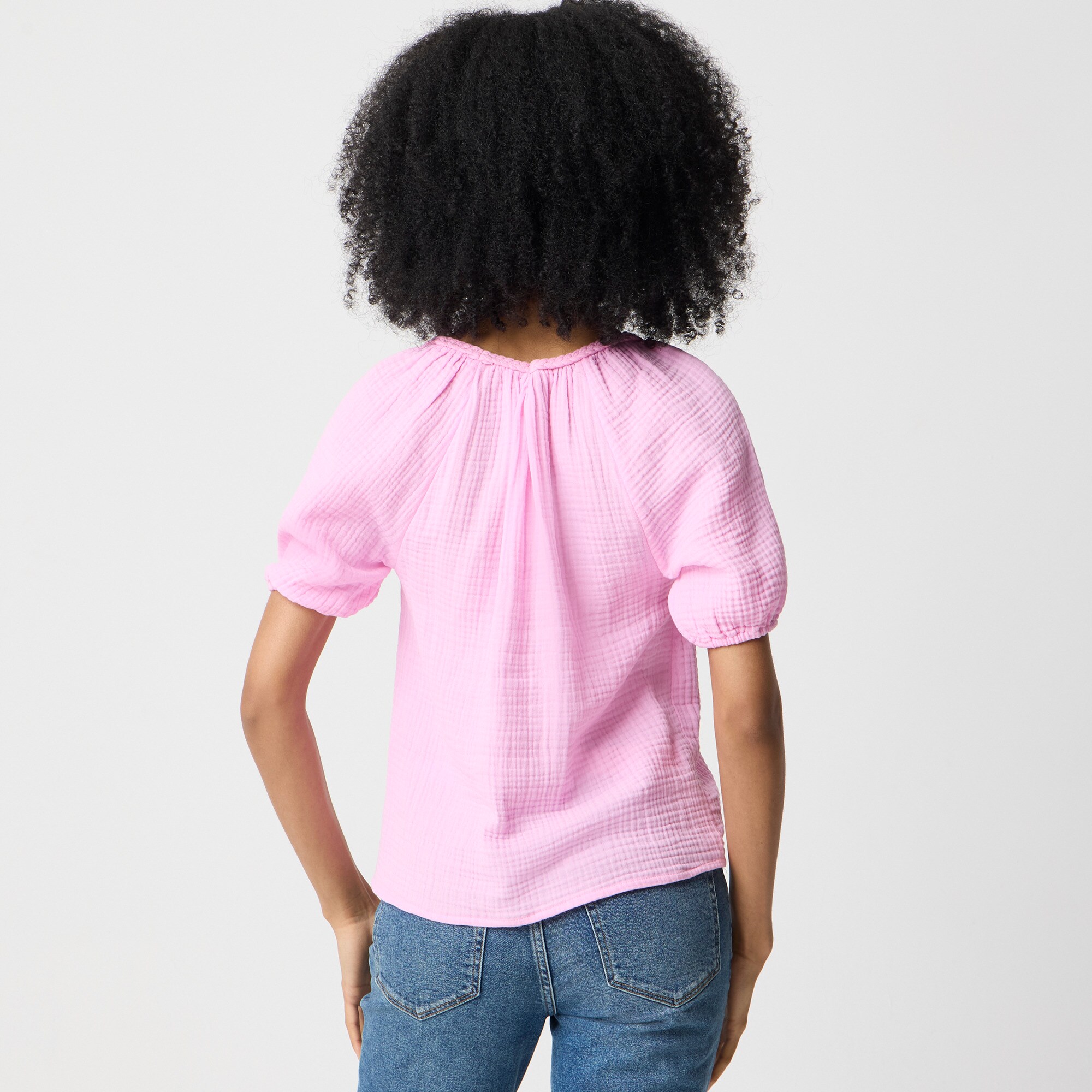 Puff-sleeve braided-neckline gauze top