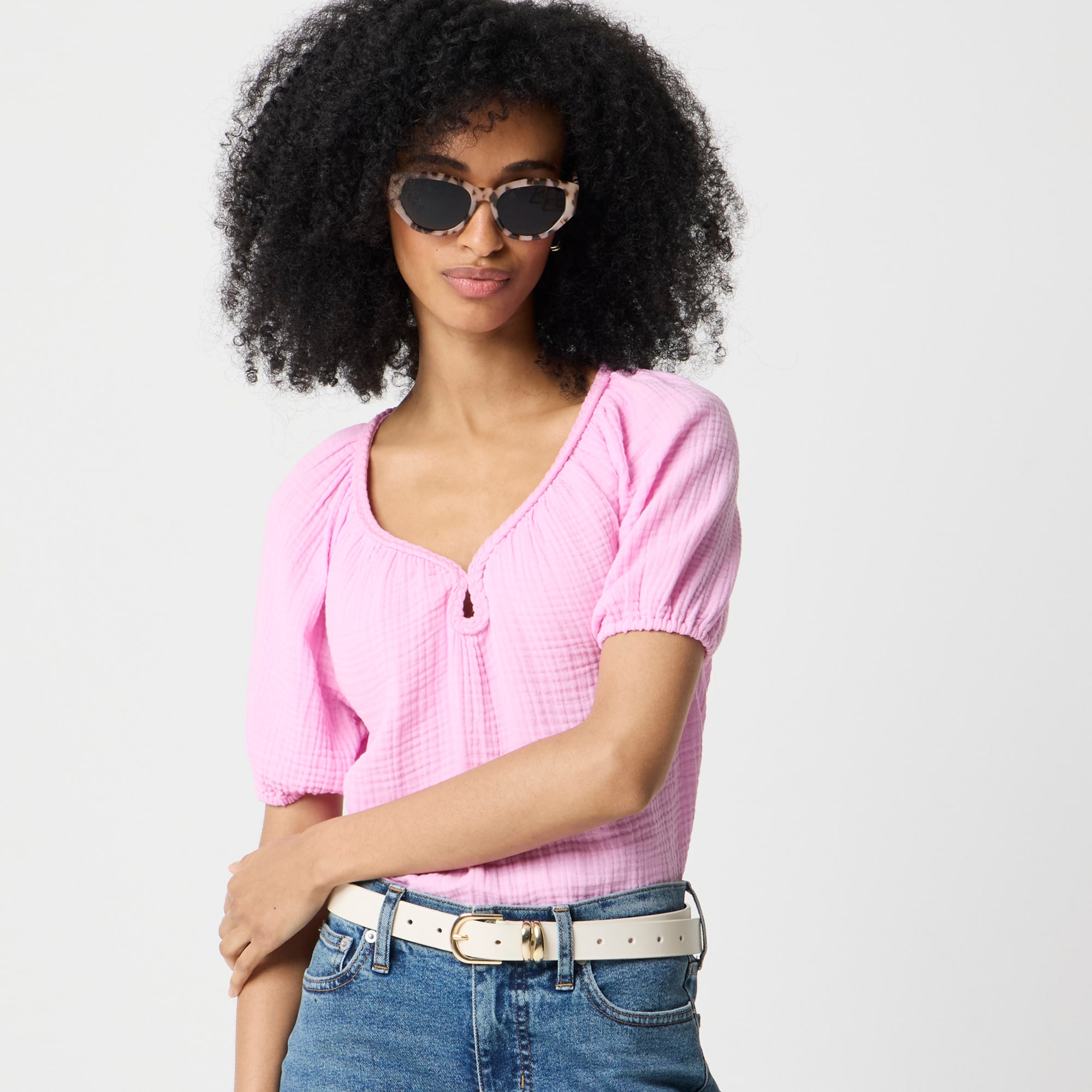 Puff-sleeve Braided-neckline Gauze Top For Women | Factory