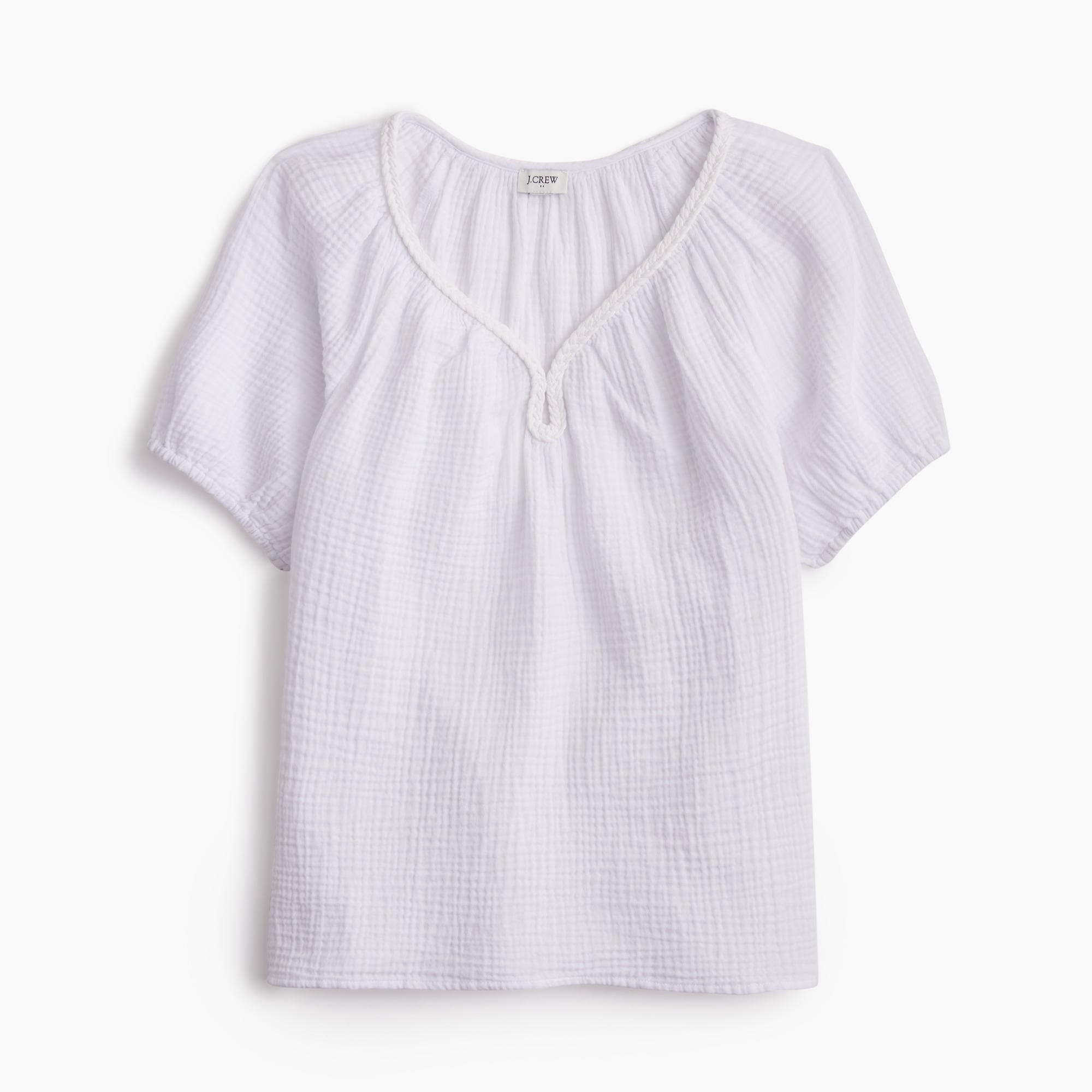 womens Puff-sleeve braided-neckline gauze top