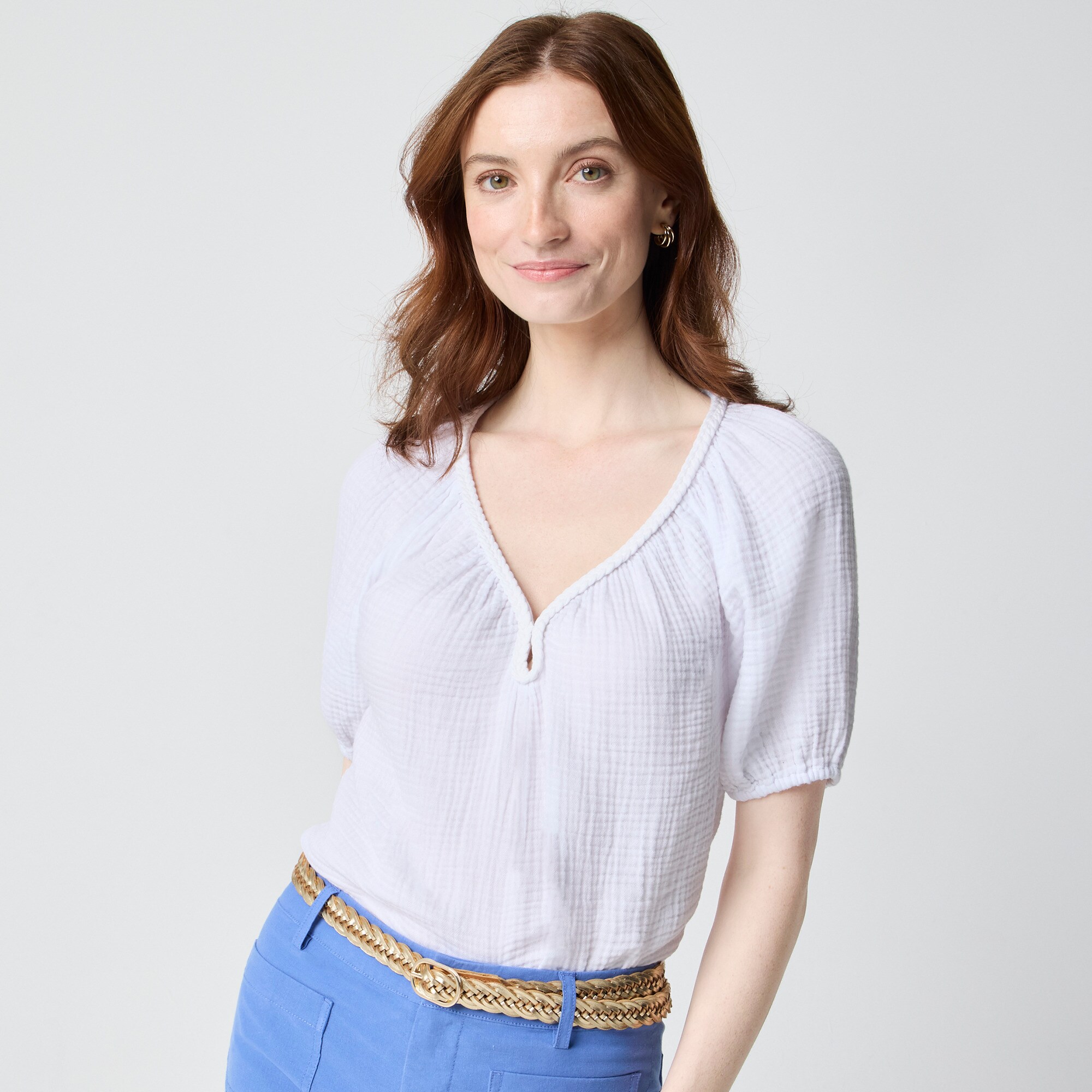 womens Puff-sleeve braided-neckline gauze top