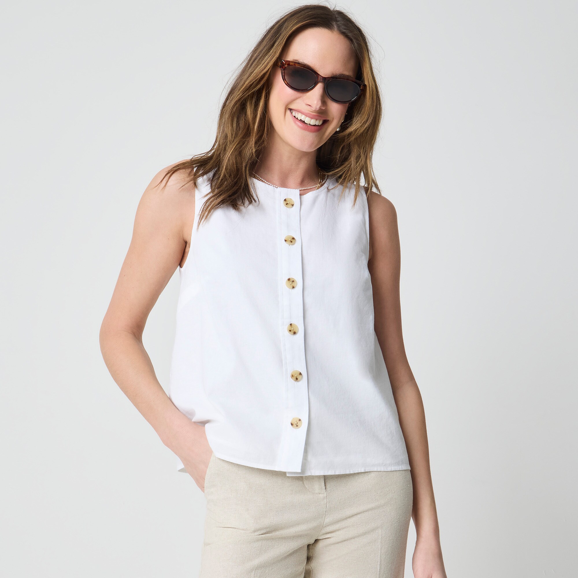 Linen-blend button-front shell
