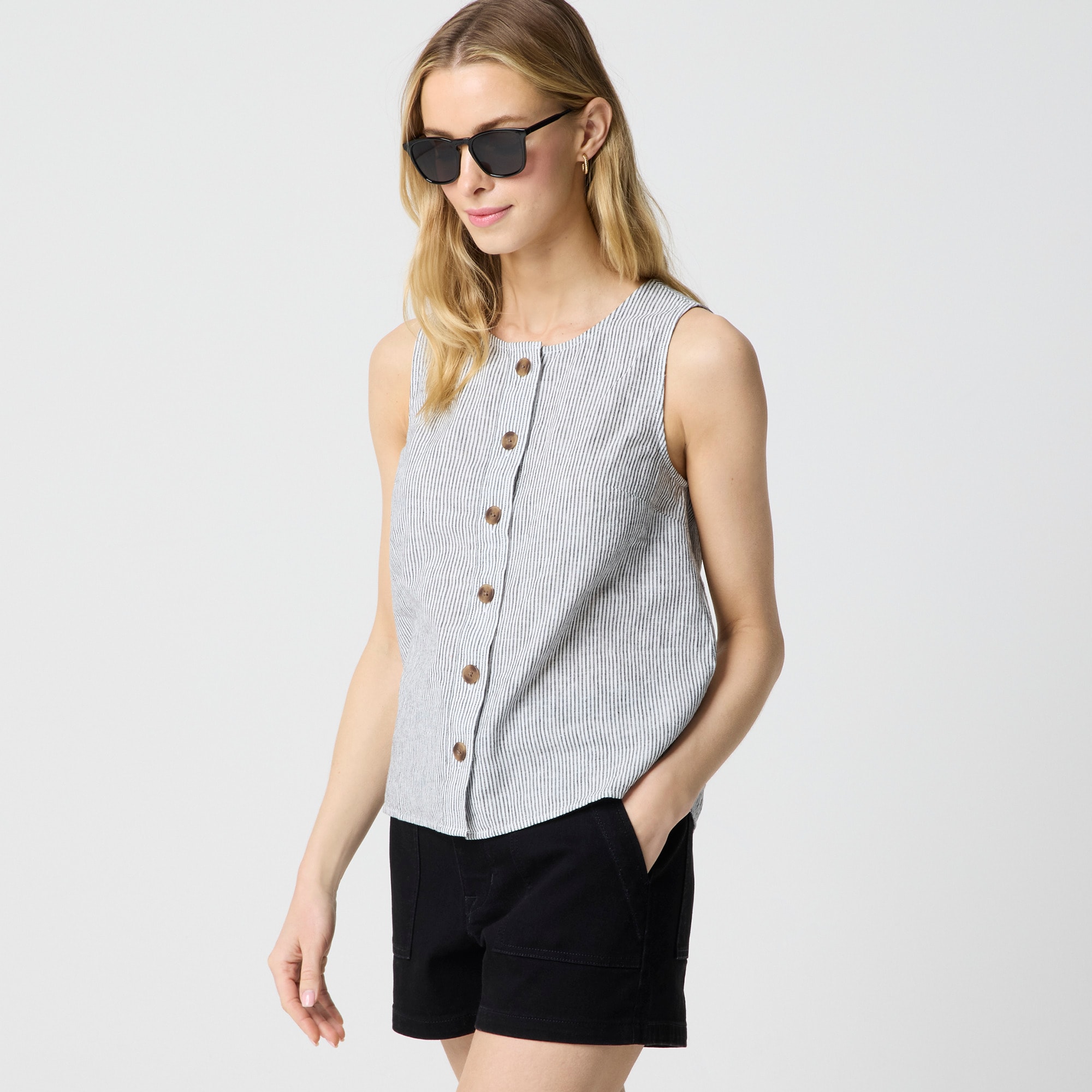 Striped linen-blend button-front shell