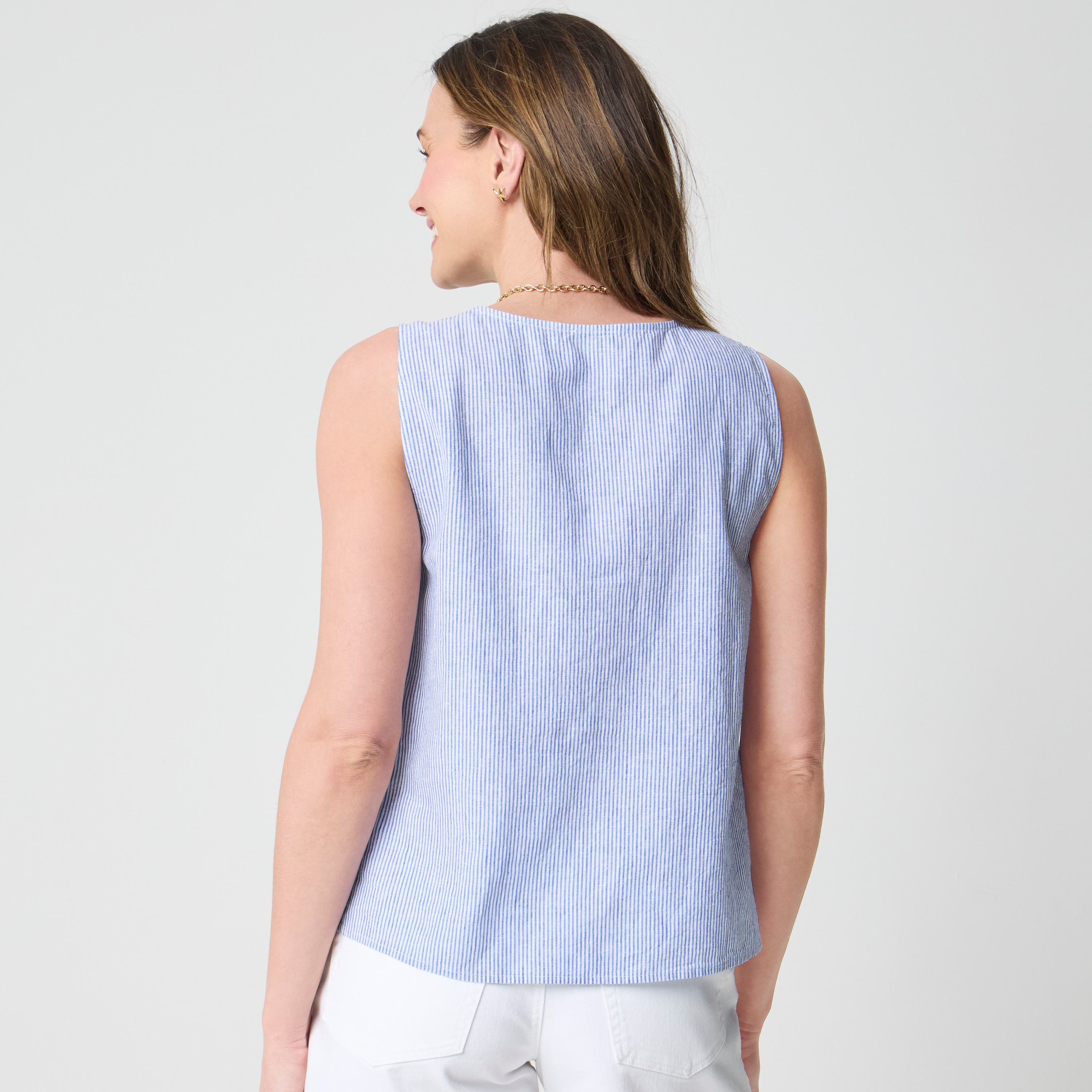 Striped linen-blend button-front shell