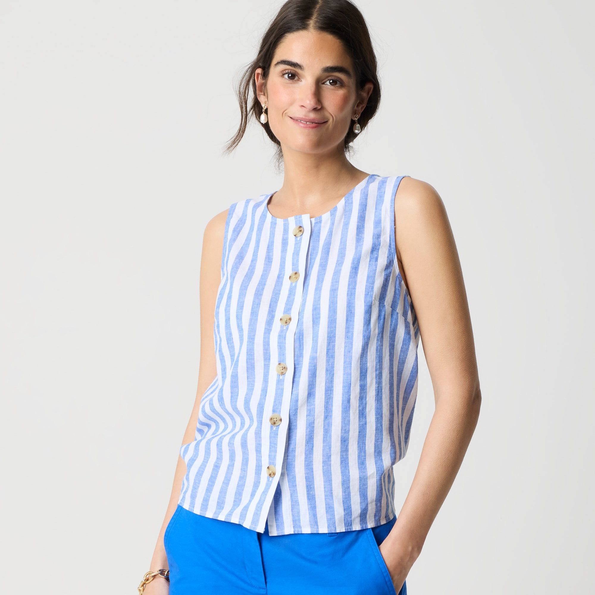  Striped linen-blend button-front shell