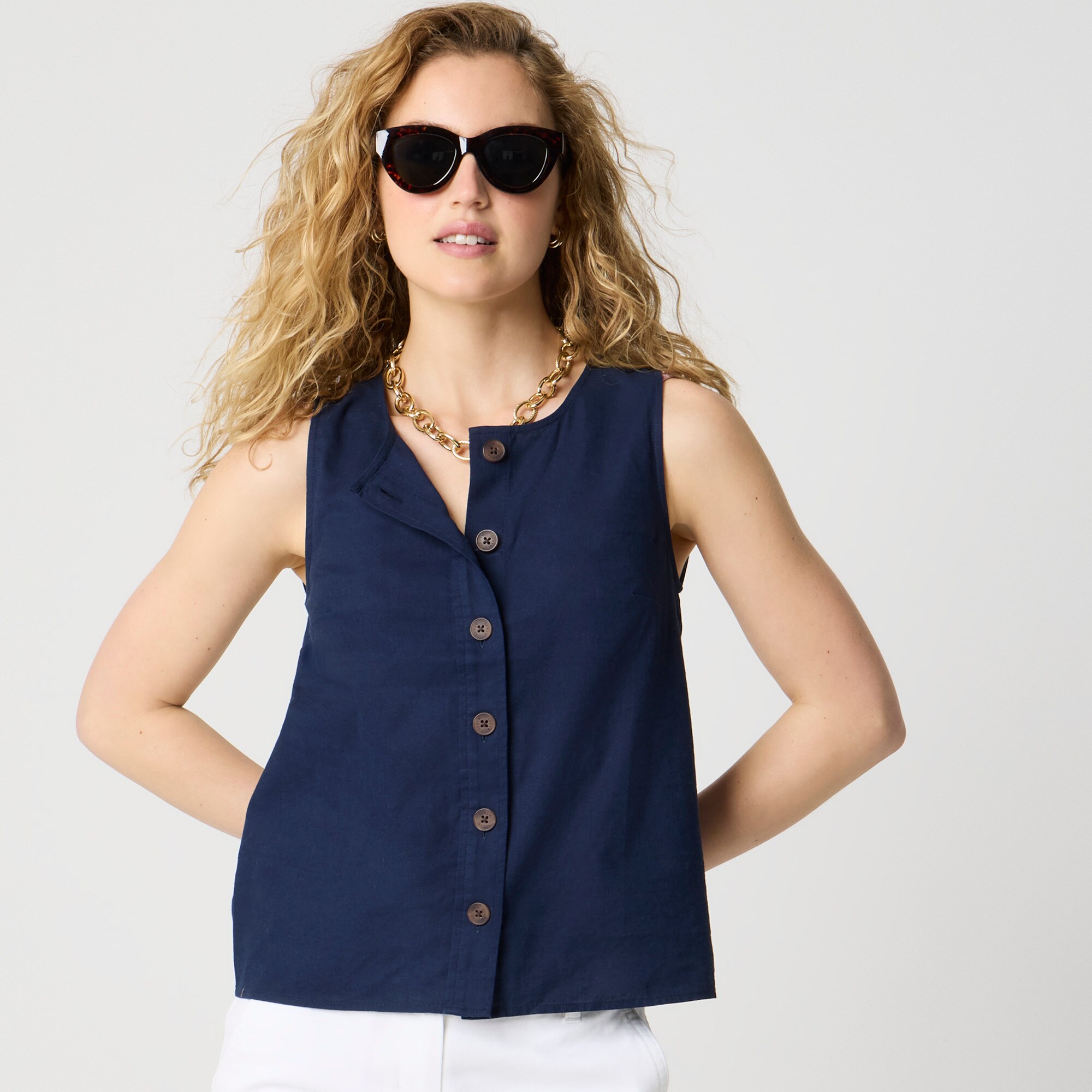 Linen-blend button-front shell