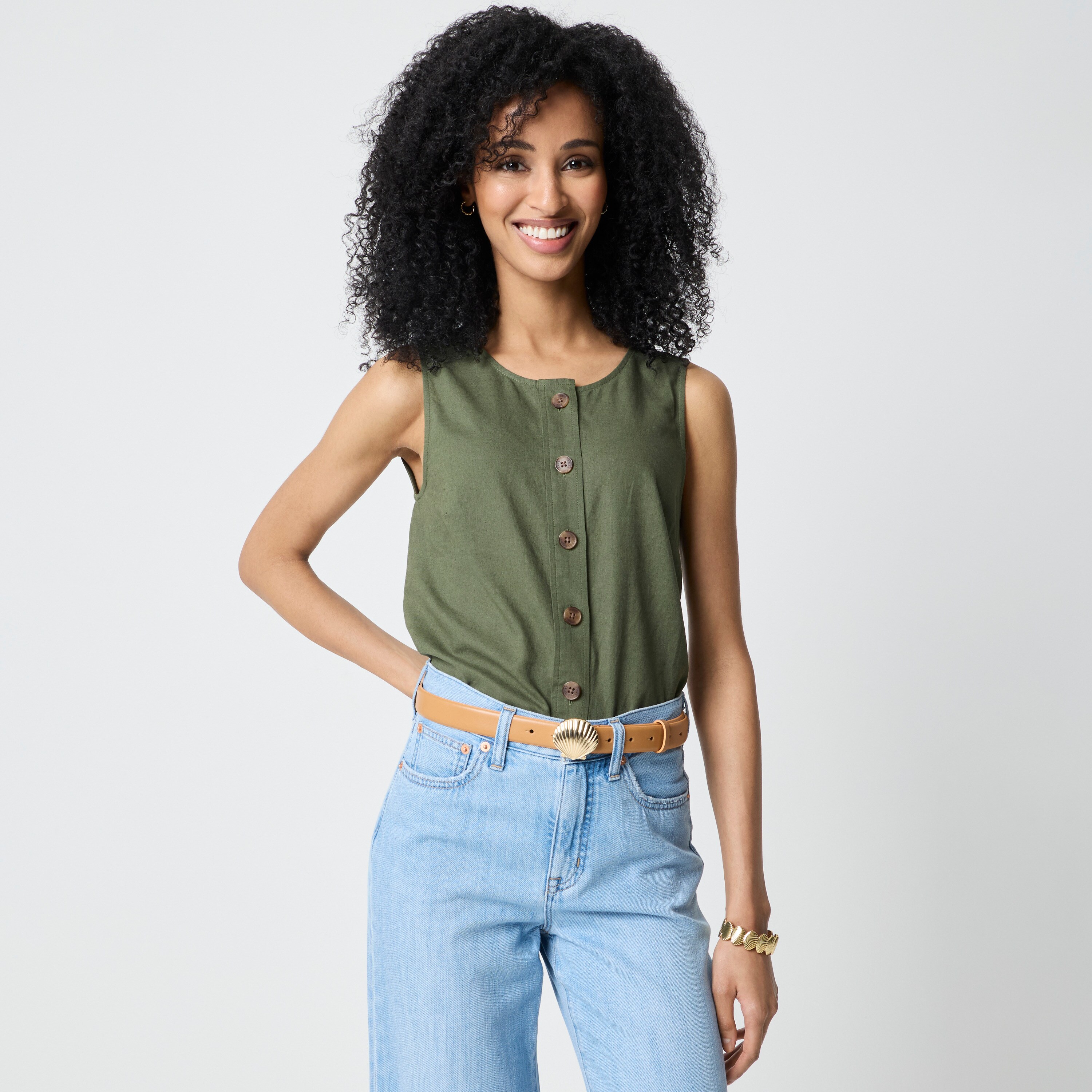 Linen-blend button-front shell