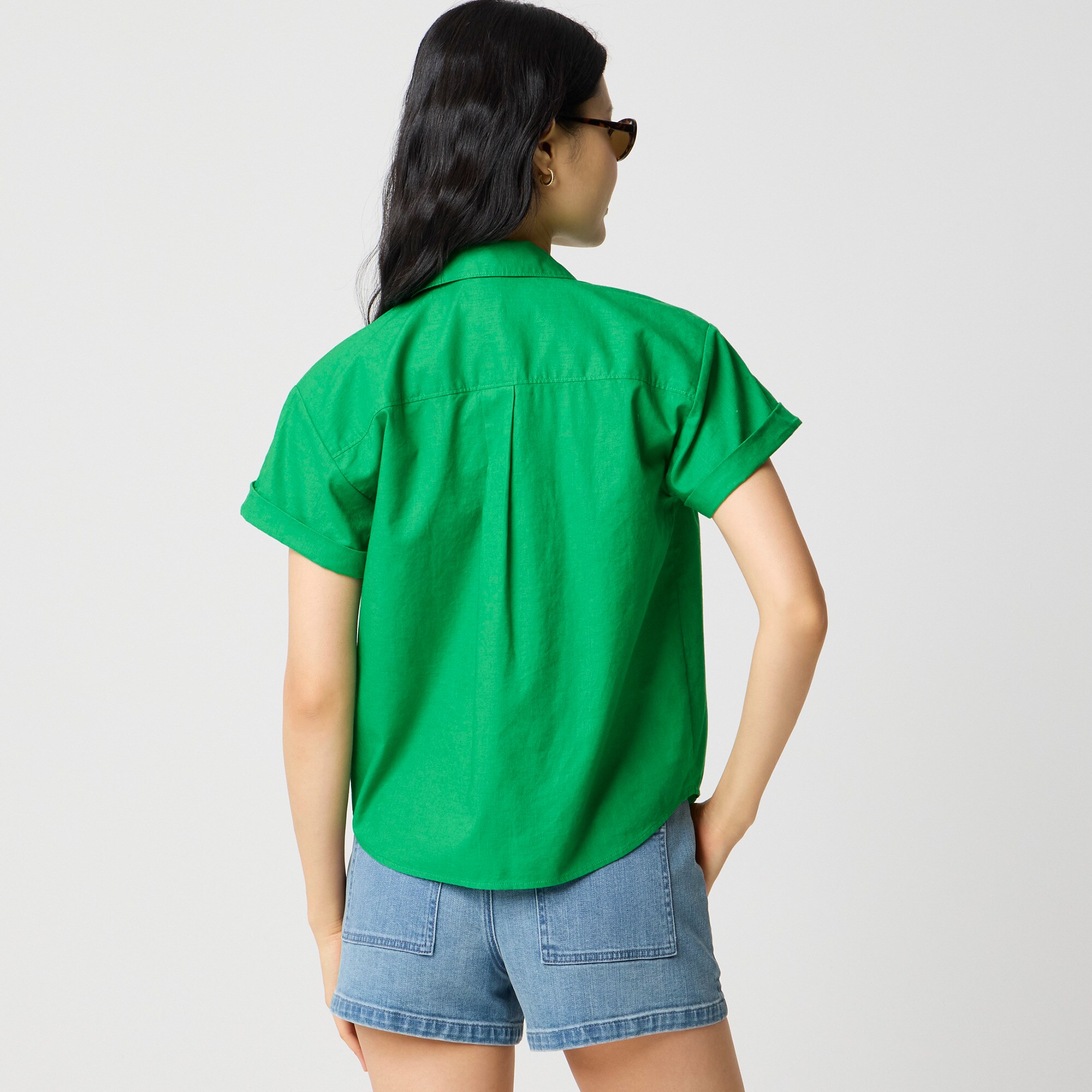トップス (M) NeedlesTrackCrewNeckShirt Dark Green Factory: Short-sleeve Linen-blend Button-up Shirt For Women