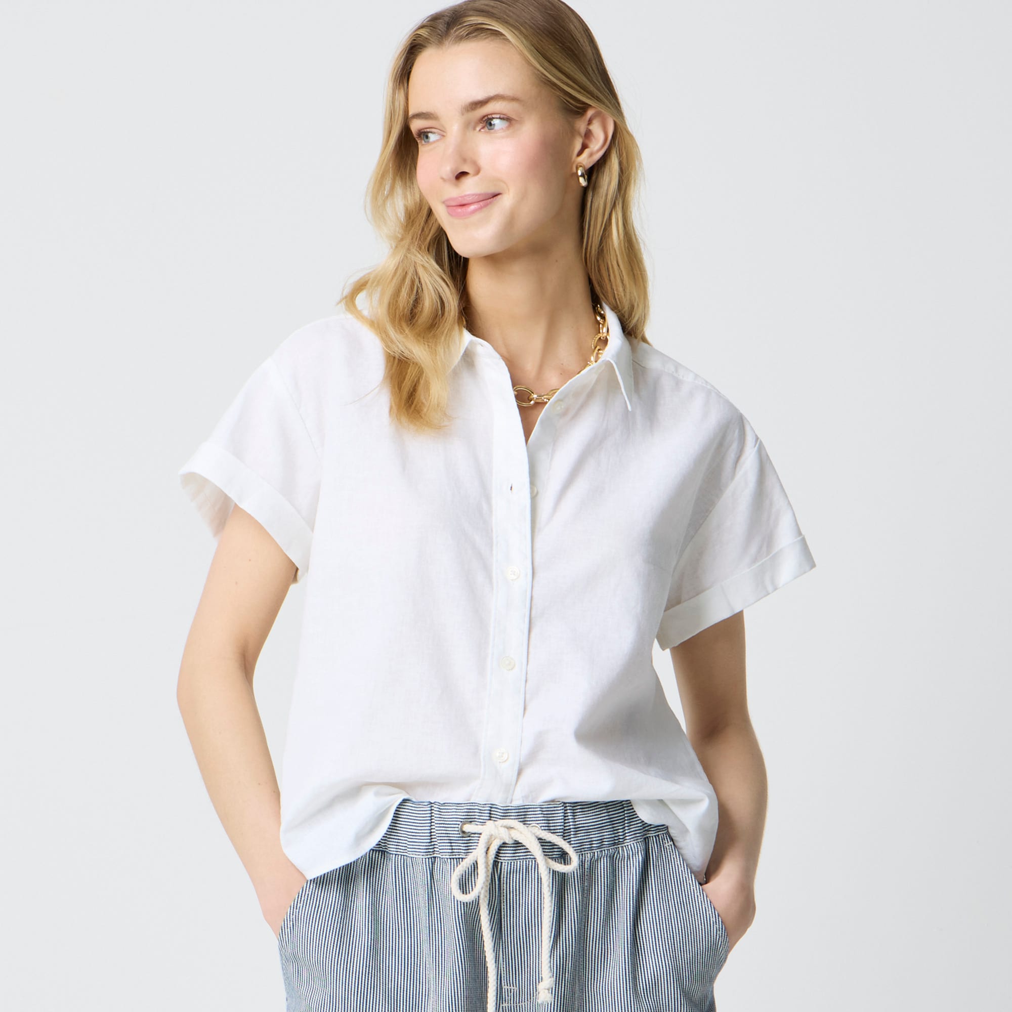 Short-sleeve Linen-blend Button-up Shirt For Women | Factory