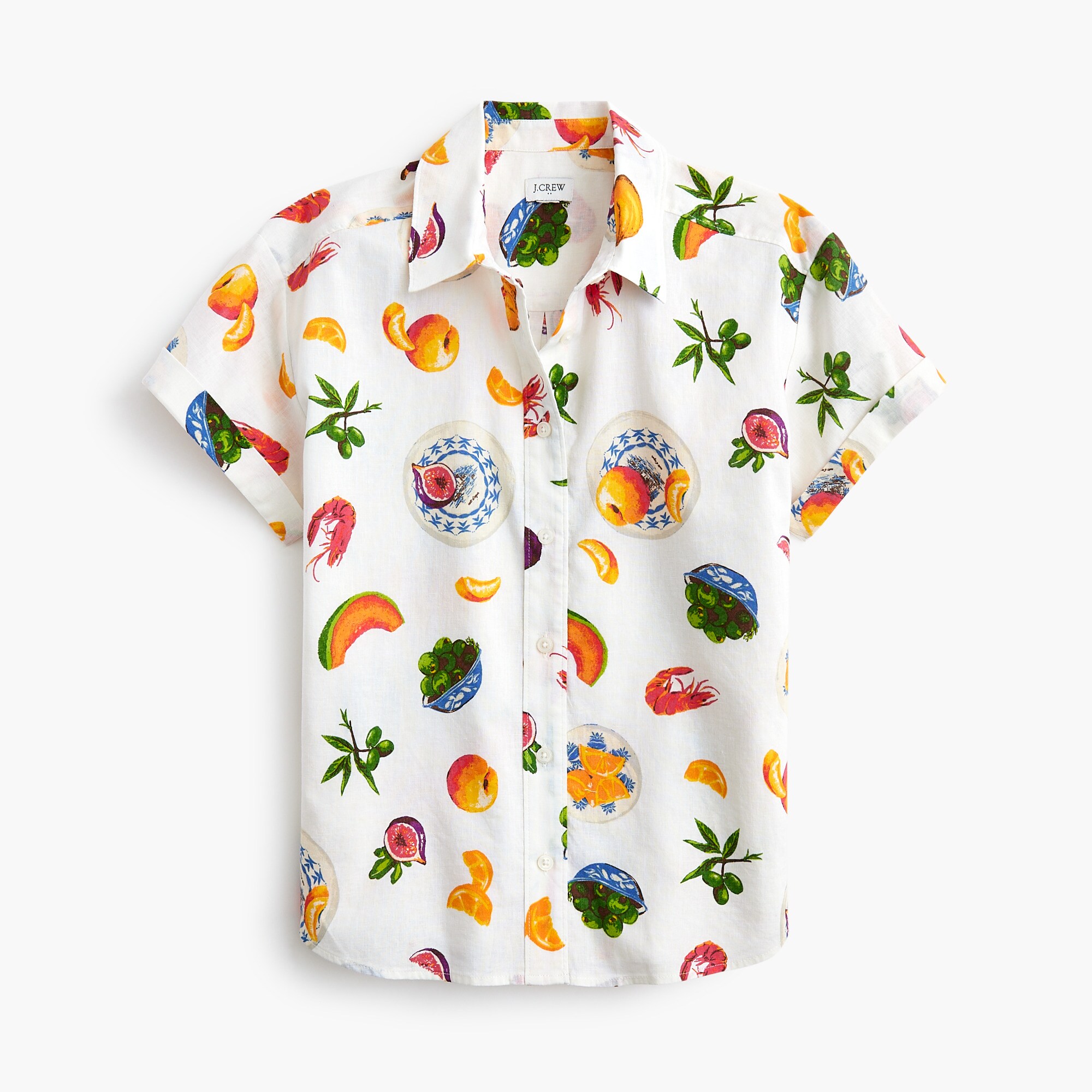 printed short-sleeve linen-blend button-up shirt for women
