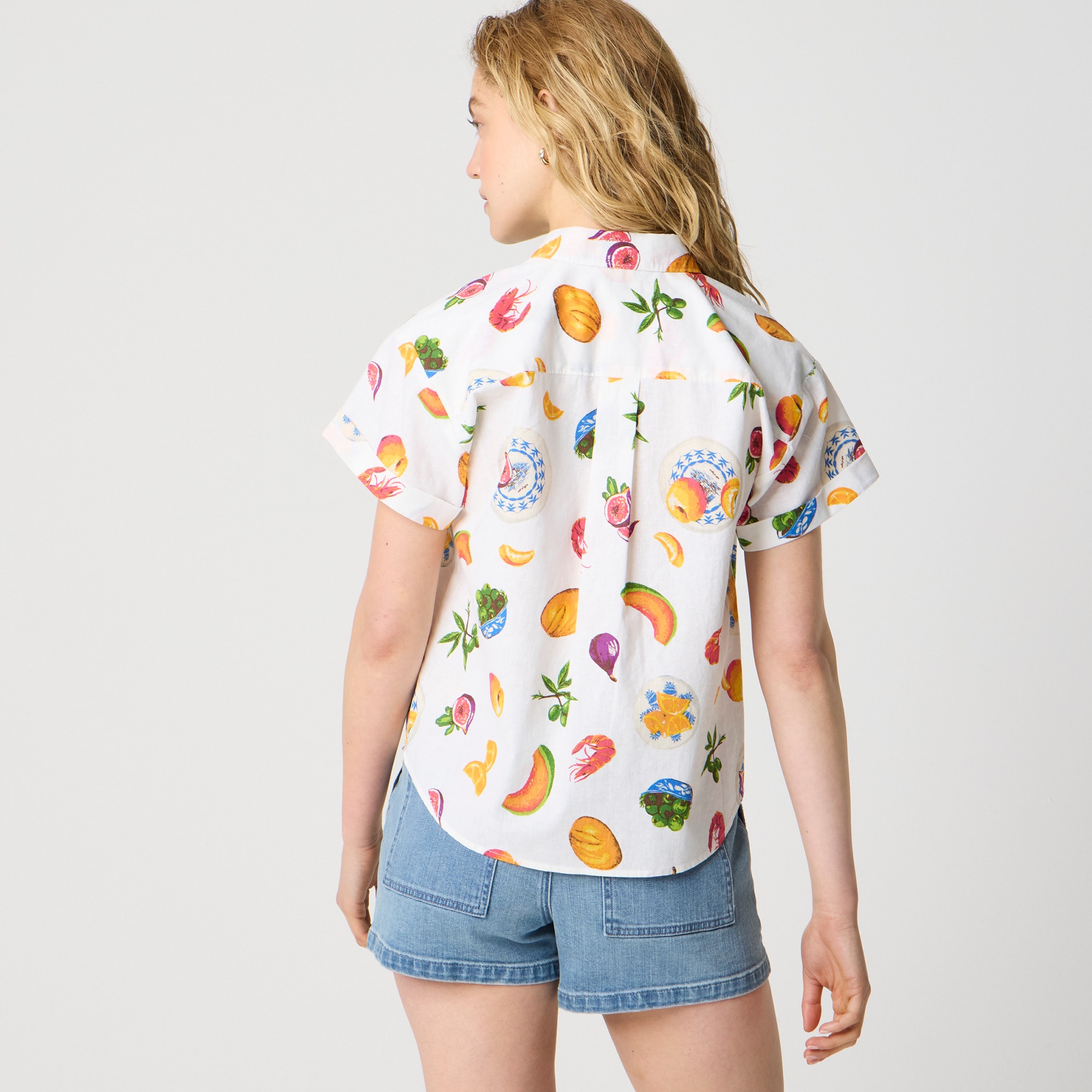 Printed short-sleeve linen-blend button-up shirt