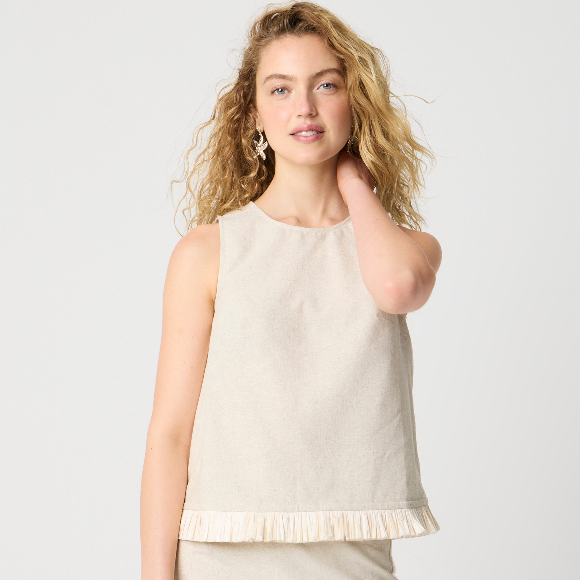 womens Straw-trim linen-blend shell