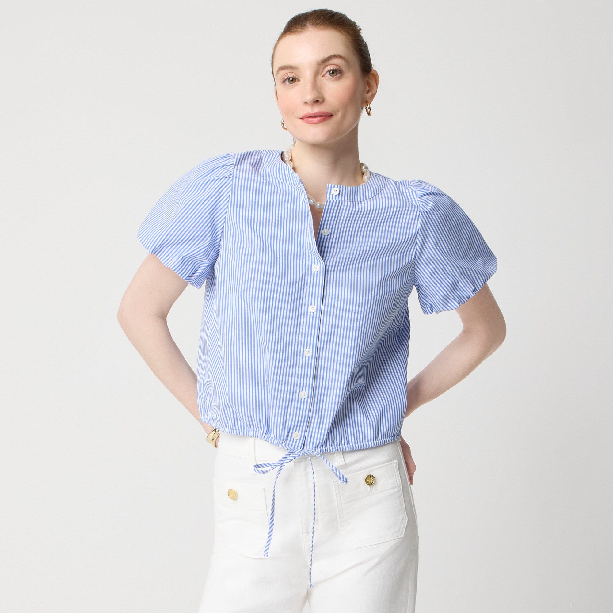 womens Striped puff-sleeve tie-waist top