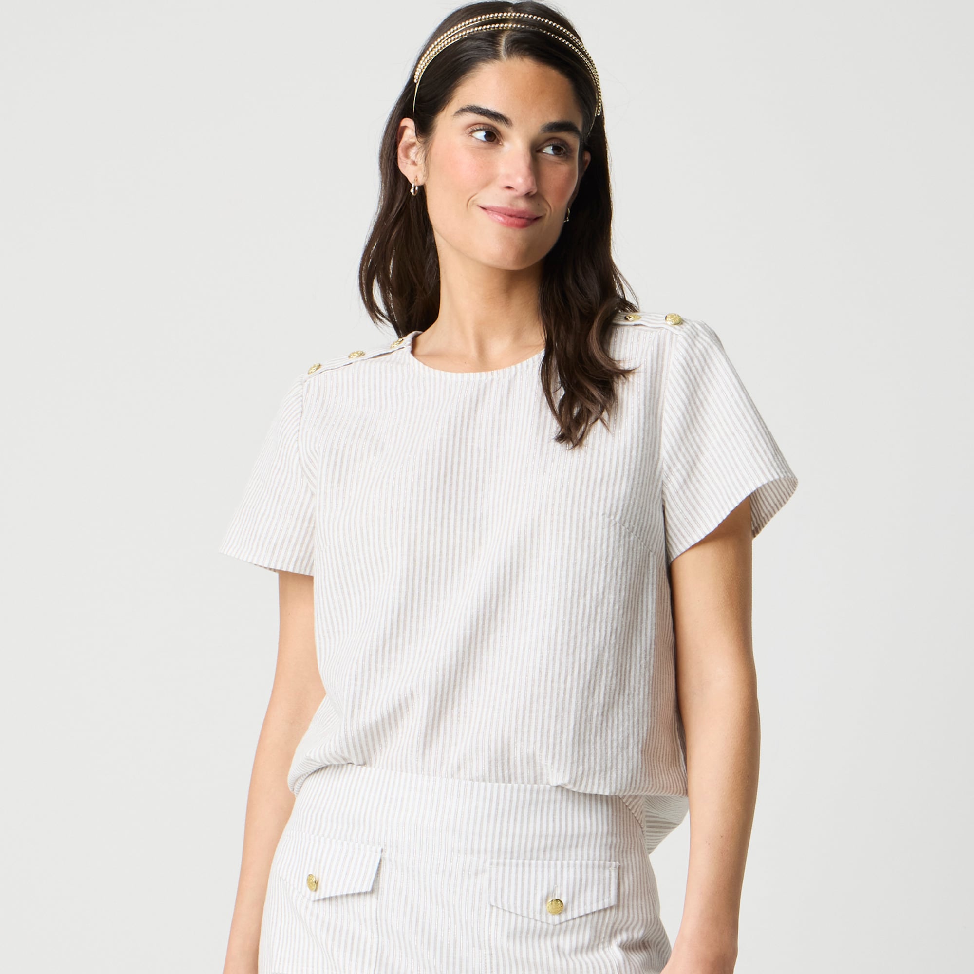 womens Striped linen-blend button-shoulder shirt