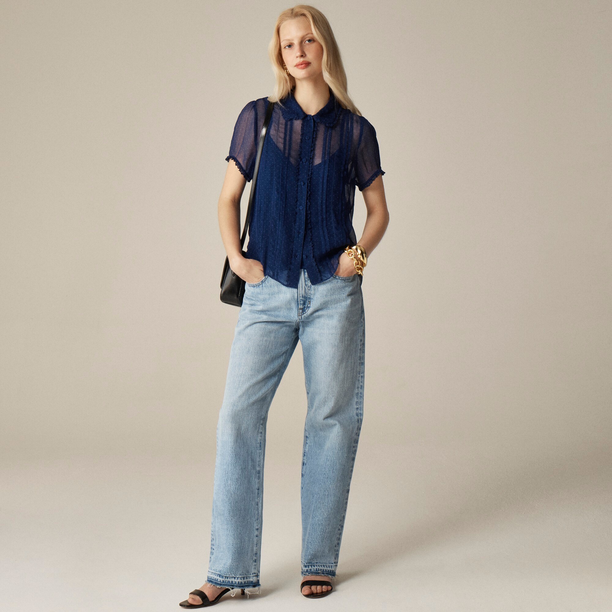 Sheer lace-trim button-up shirt in dot crinkle chiffon