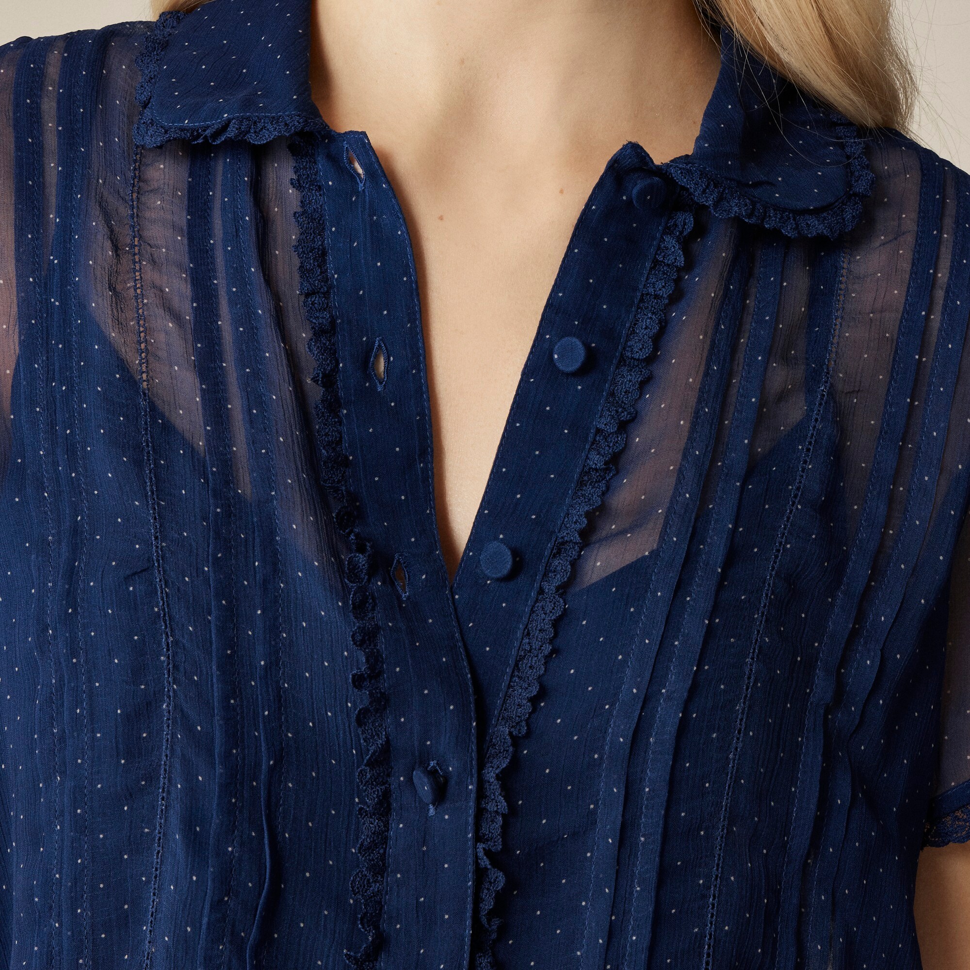 Sheer lace-trim button-up shirt in dot crinkle chiffon