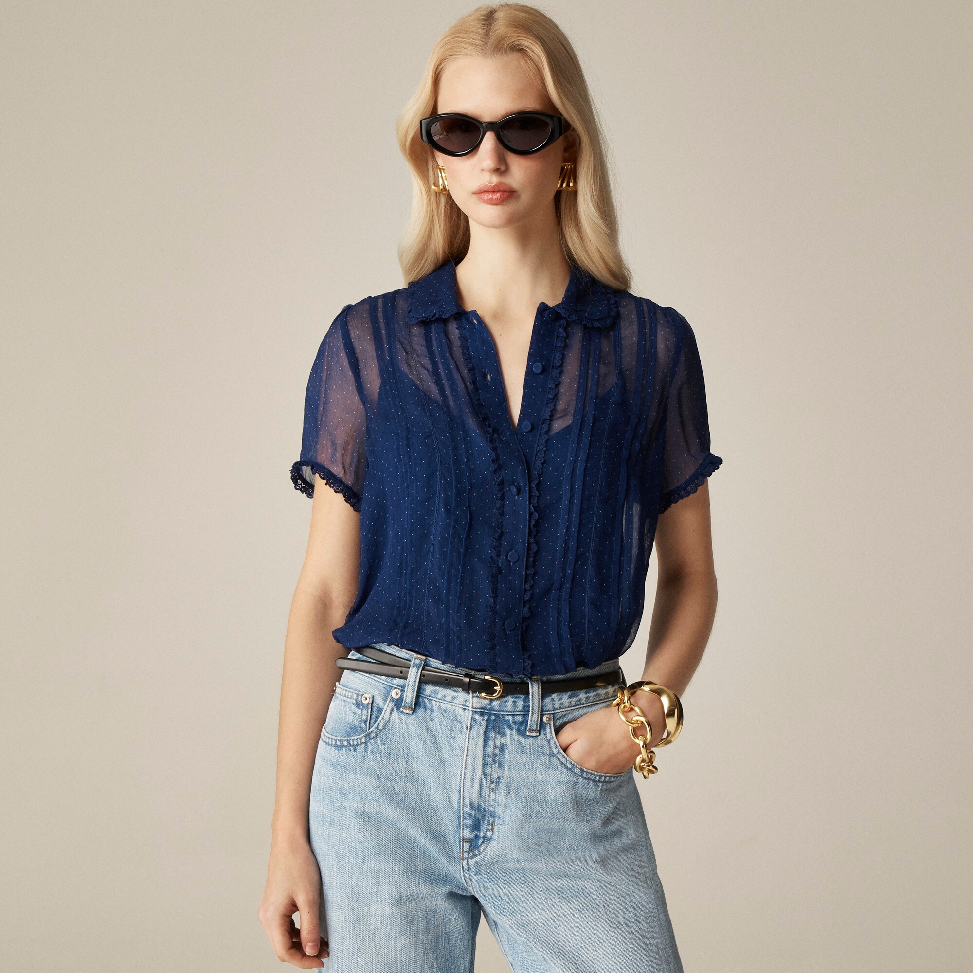Sheer lace-trim button-up shirt in dot crinkle chiffon