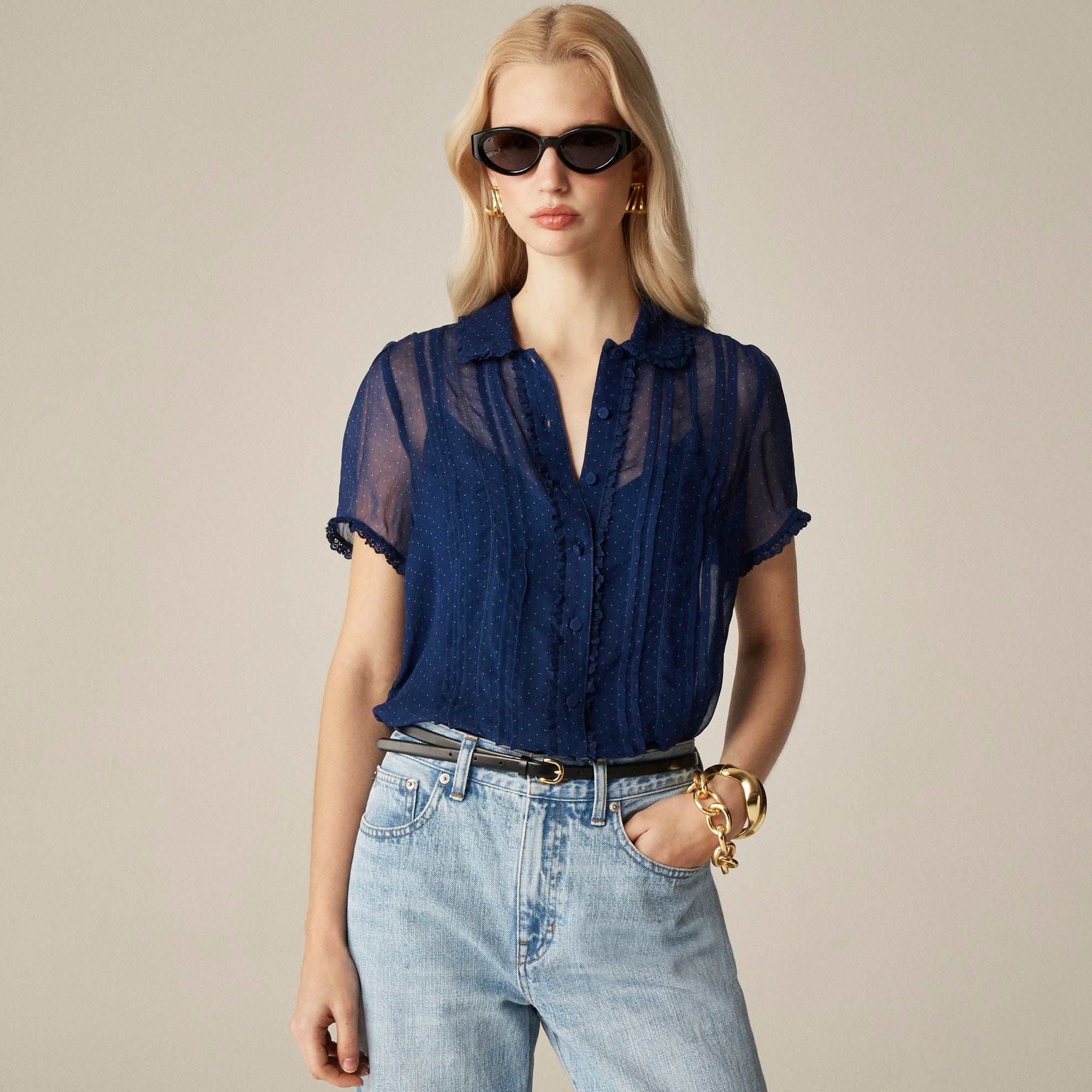 womens Sheer lace-trim button-up shirt in dot crinkle chiffon