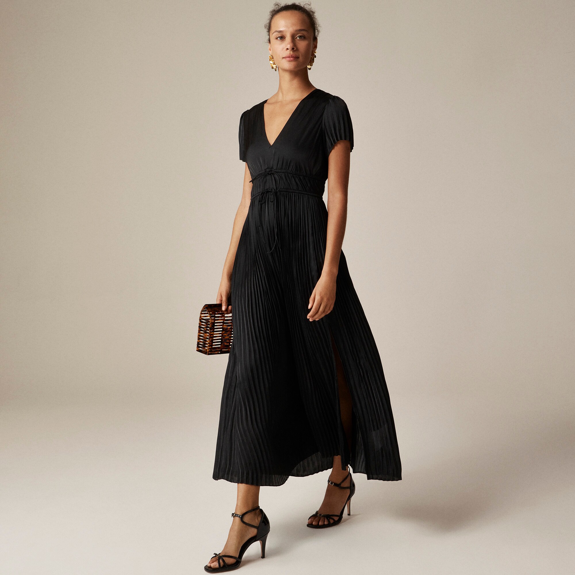 Pleated tie-waist dress in luster georgette